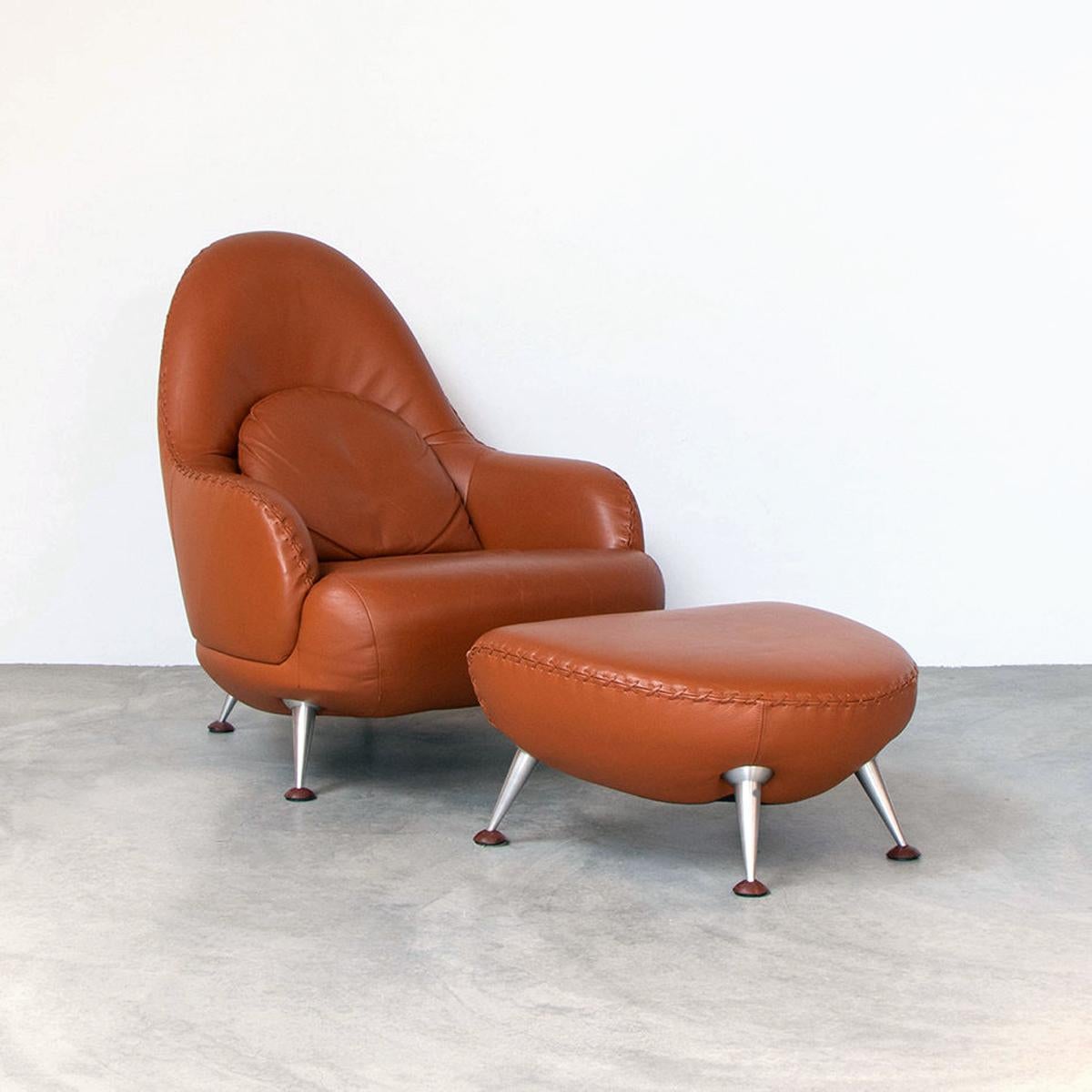 Swiss De Sede DS-102 Lounge Armchair and Hocker in Cognac Leather by Mathias Hoffmann