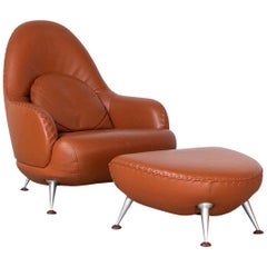 De Sede DS-102 Lounge Armchair and Hocker in Cognac Leather by Mathias Hoffmann