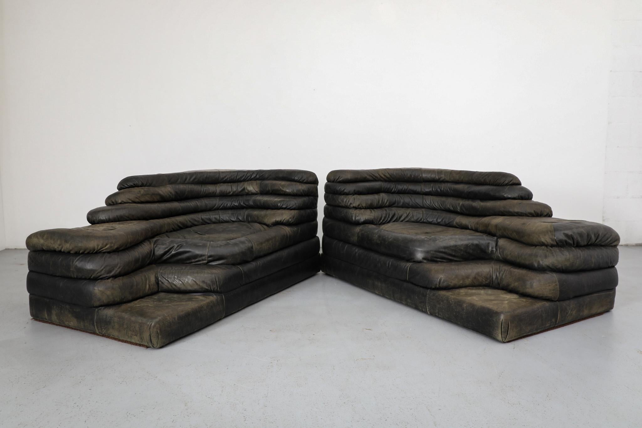 Mid-Century Modern De Sede 'DS-1025' Moss Green Leather Terrazza Sofa Pair For Sale