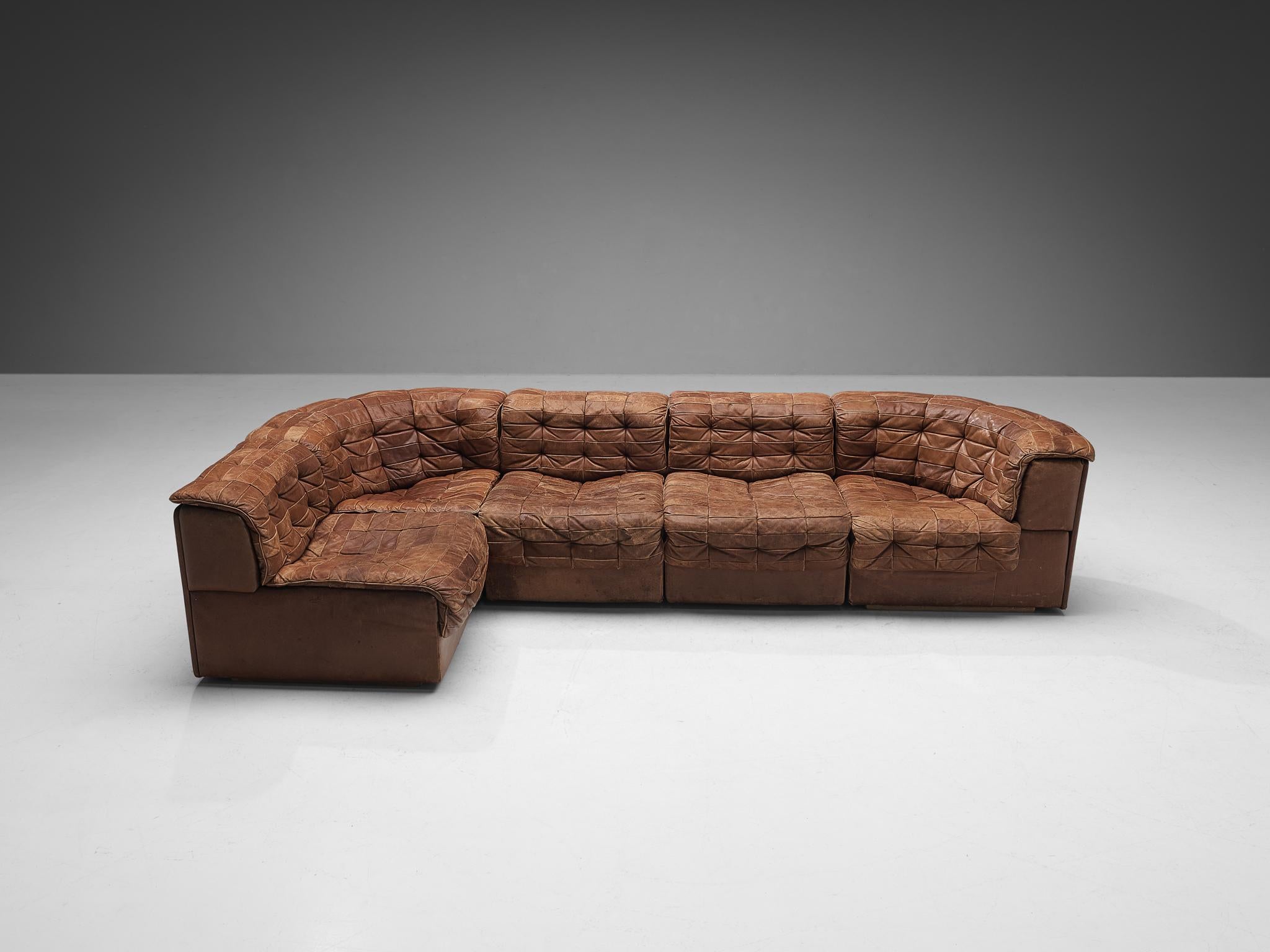 Swiss De Sede ‘DS-11’ Modular Patchwork Sofa in Cognac Leather