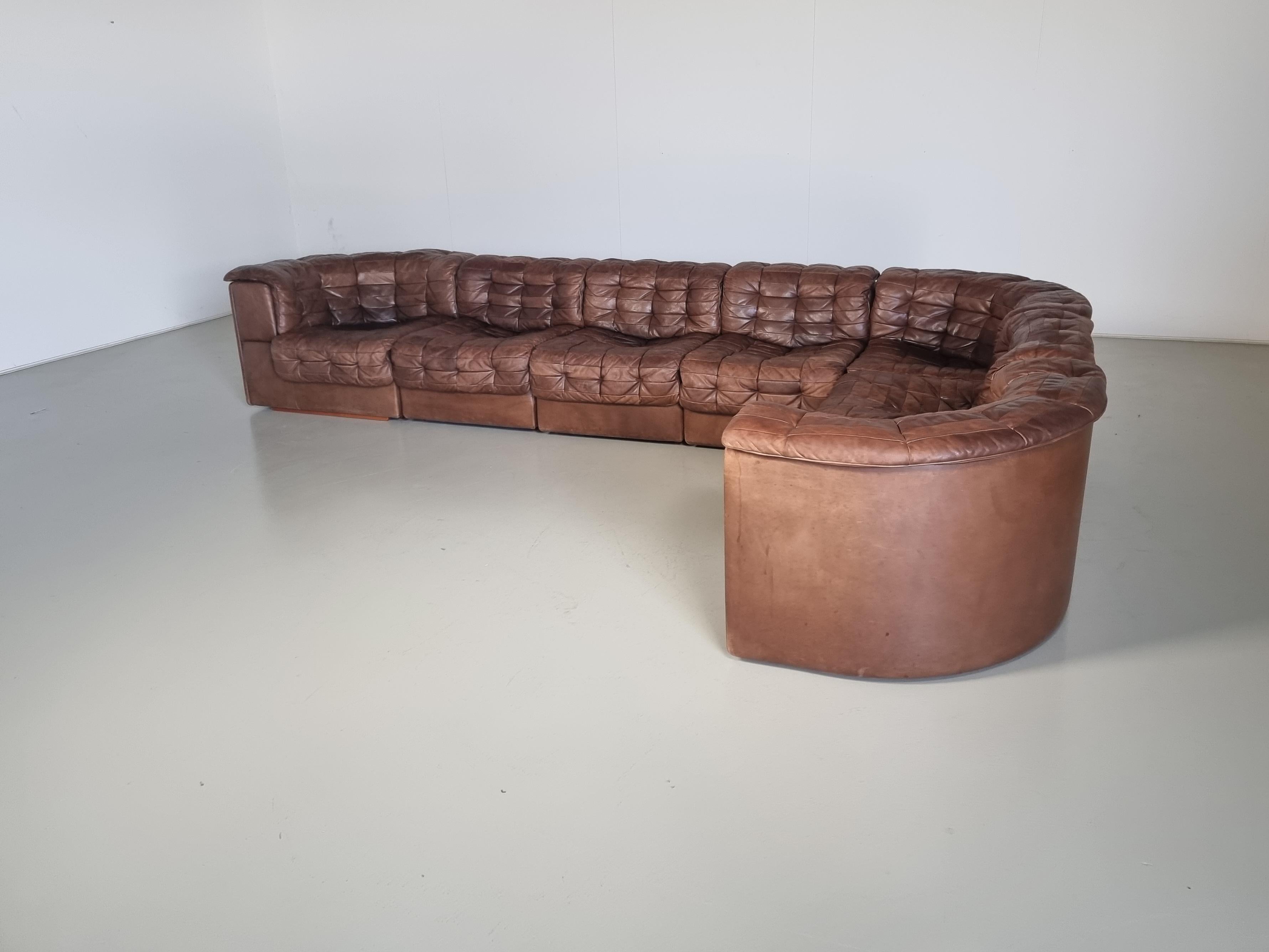 Patchwork De Sede DS 11 Modular Sofa in Original brown Leather, 1970s