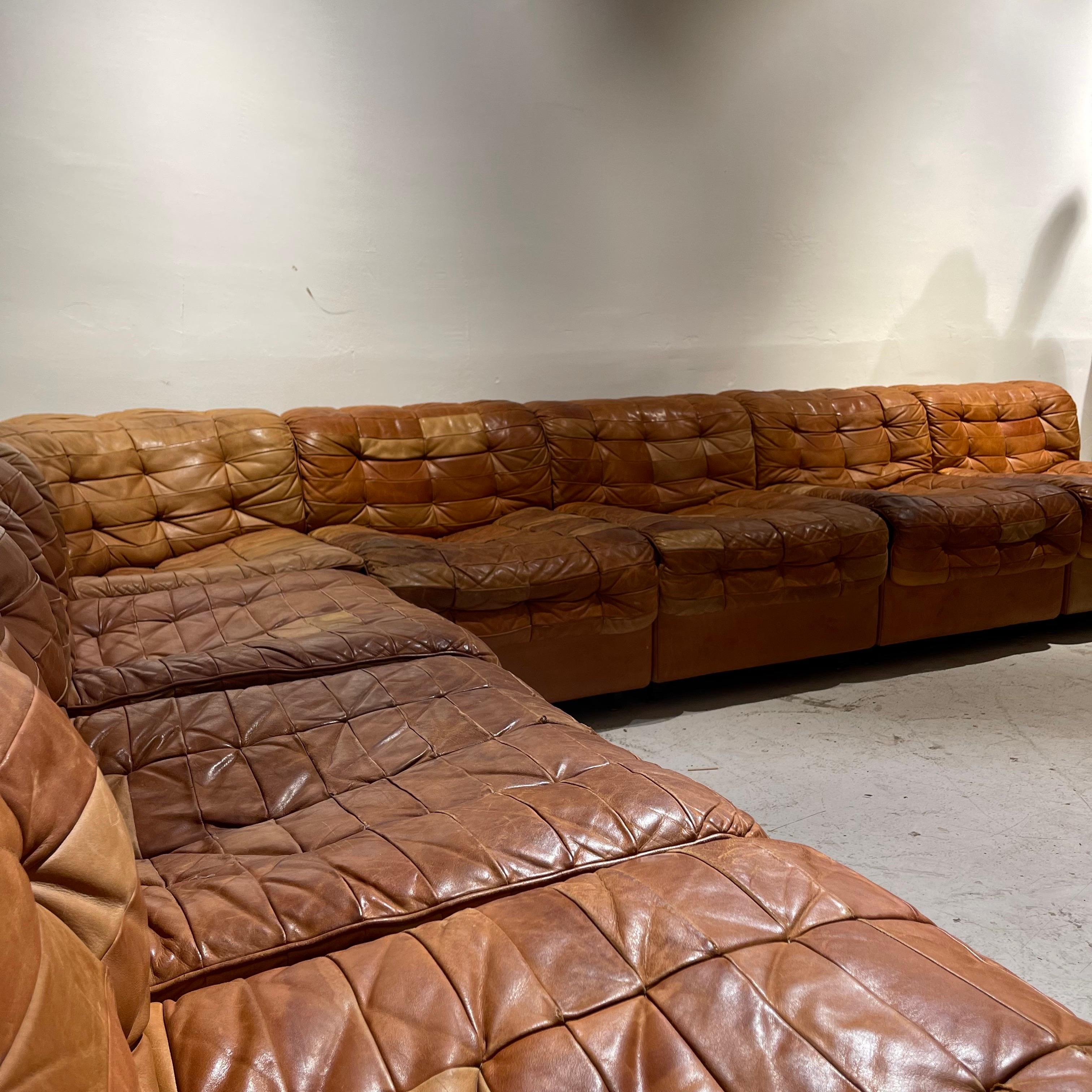 De Sede DS 11 Modular Sofa in Patinated Burnt Orange Cognac Leather, 1970s 2