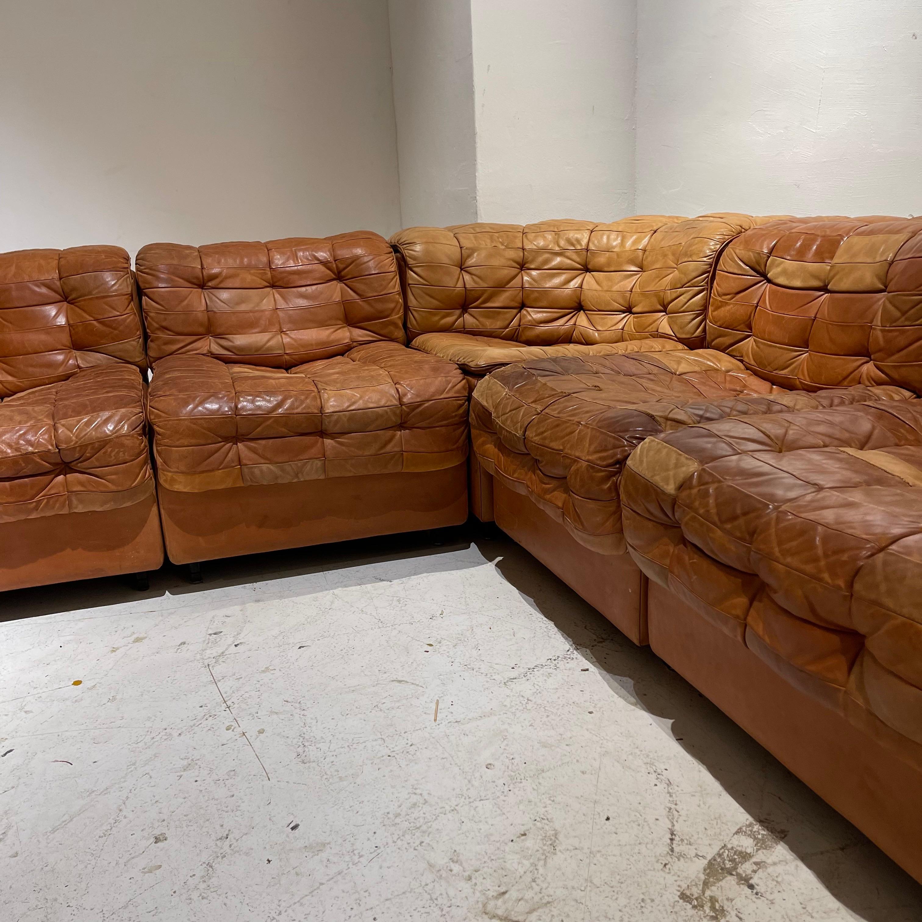 De Sede DS 11 Modular Sofa in Patinated Burnt Orange Cognac Leather, 1970s 4
