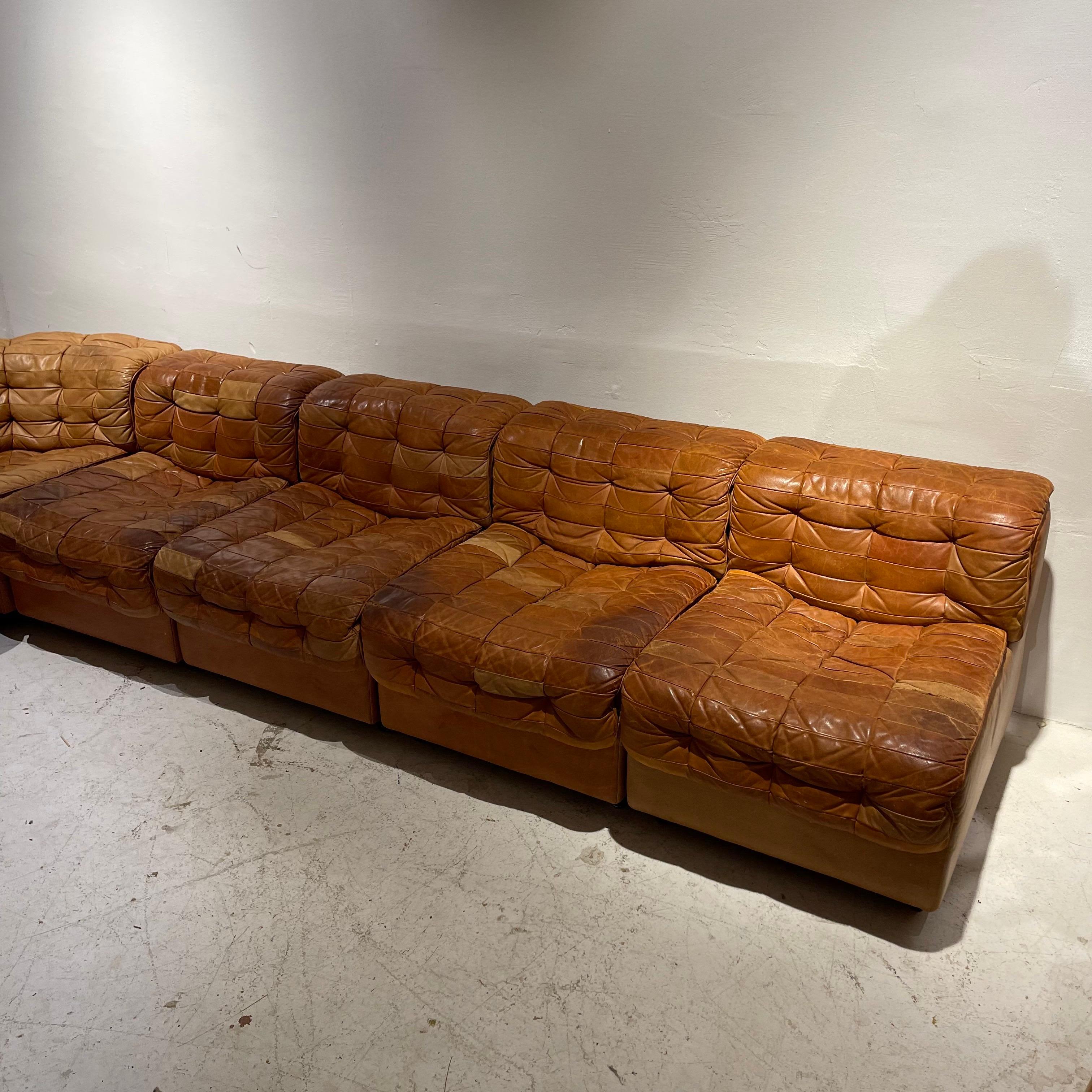 De Sede DS 11 Modular Sofa in Patinated Burnt Orange Cognac Leather, 1970s 7