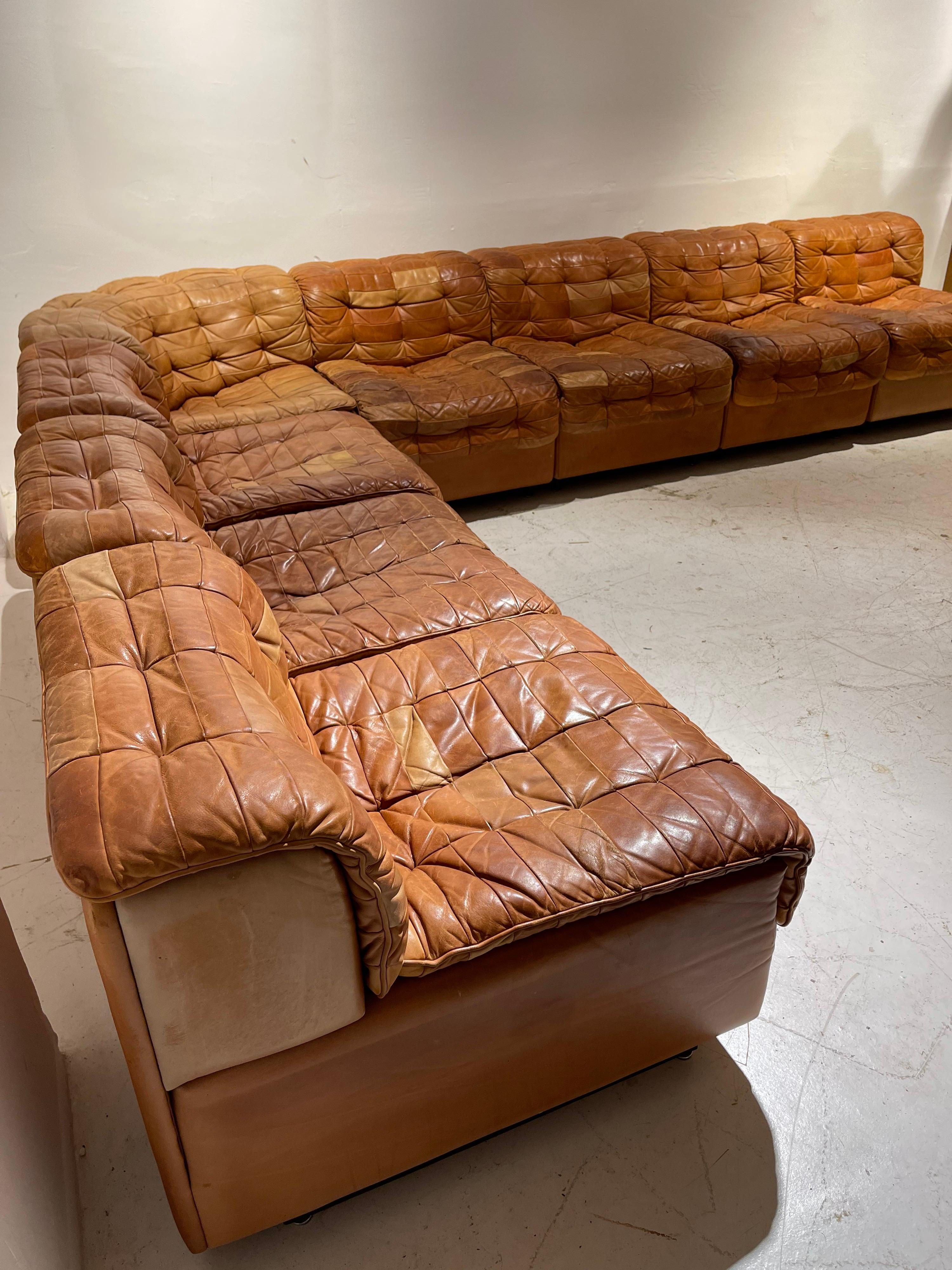 De Sede DS 11 Modular Sofa in Patinated Burnt Orange Cognac Leather, 1970s 11