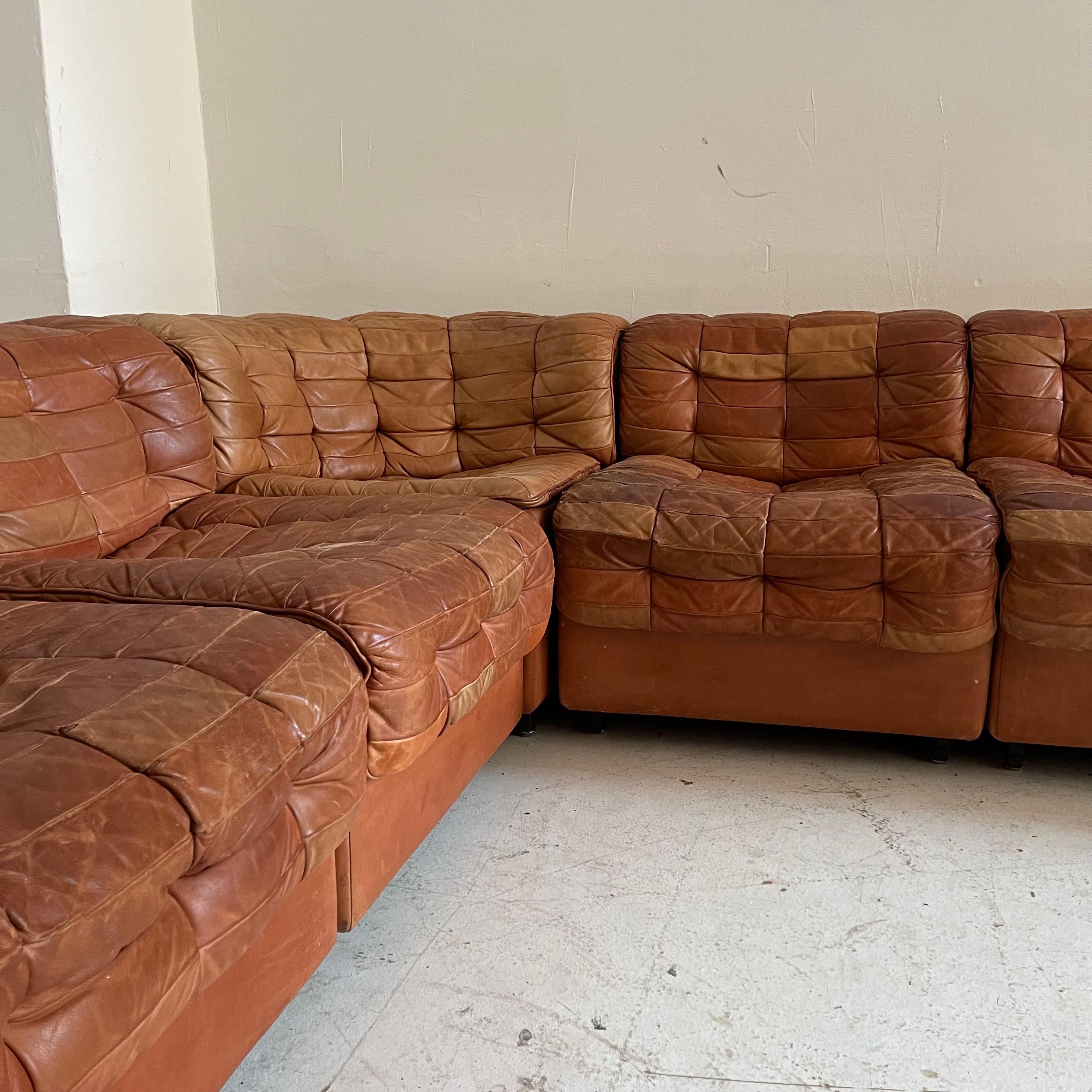 Mid-Century Modern De Sede DS 11 Modular Sofa in Patinated Burnt Orange Cognac Leather, 1970s