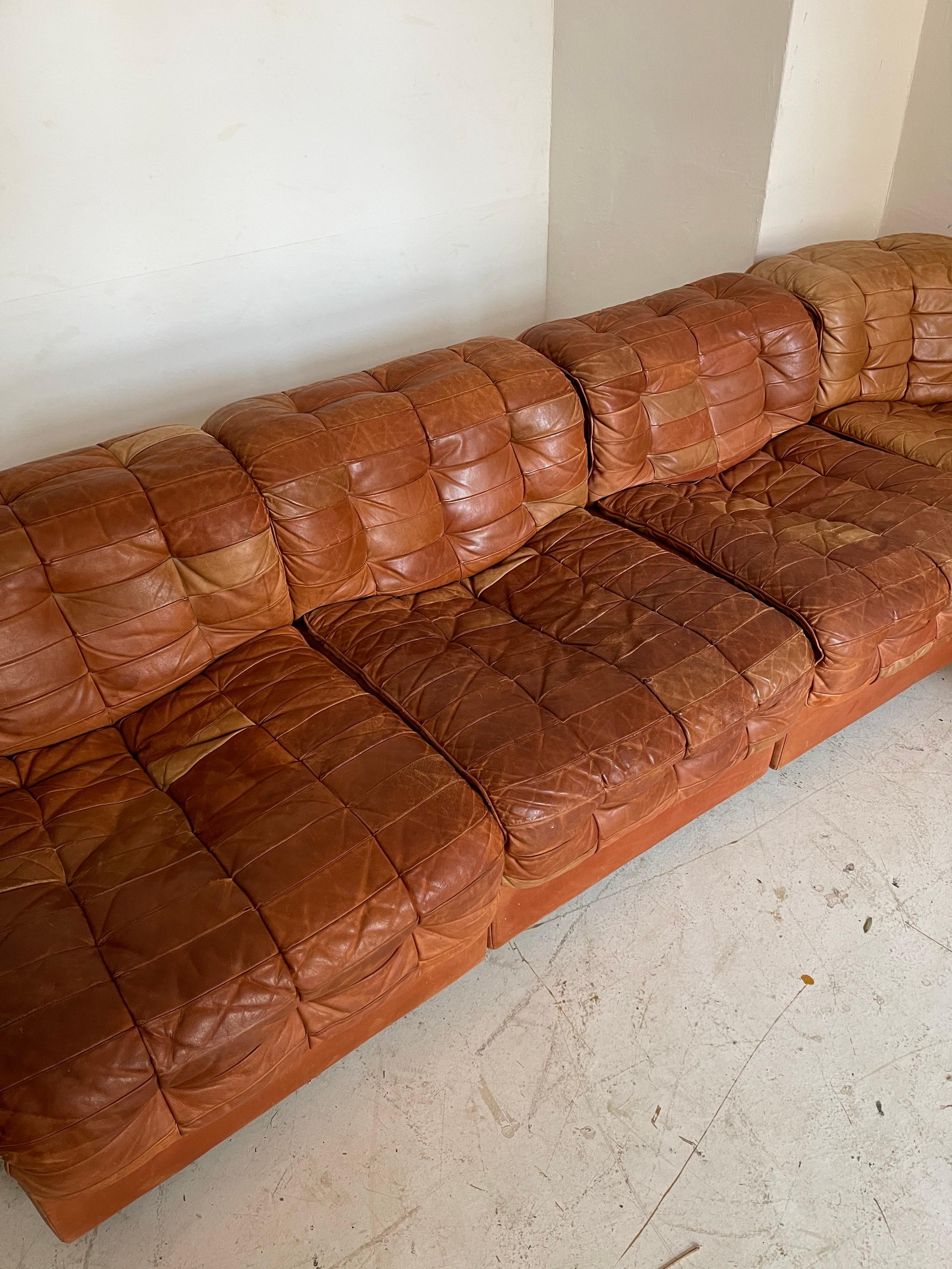 Swiss De Sede DS 11 Modular Sofa in Patinated Burnt Orange Cognac Leather, 1970s