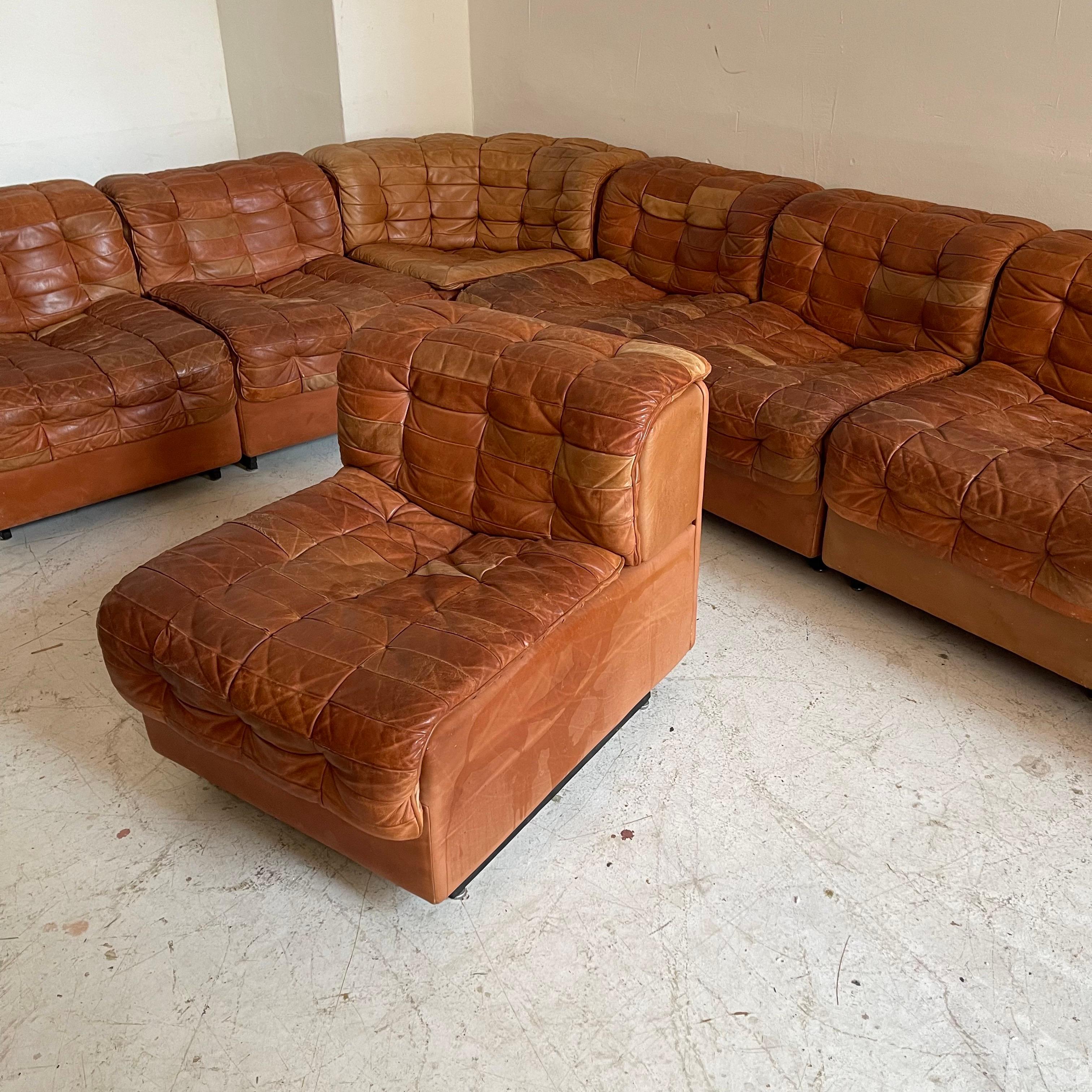 Hand-Crafted De Sede DS 11 Modular Sofa in Patinated Burnt Orange Cognac Leather, 1970s
