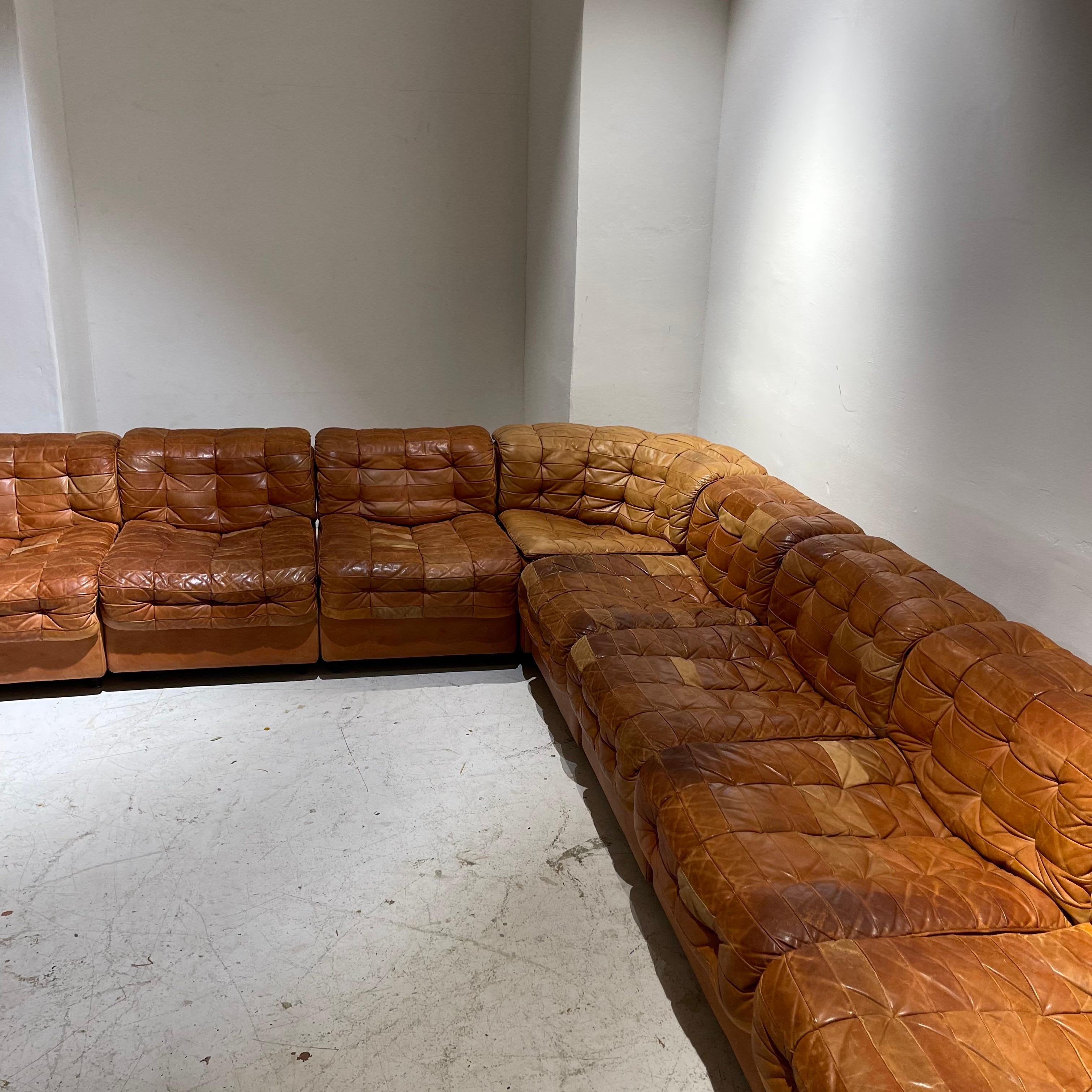 Late 20th Century De Sede DS 11 Modular Sofa in Patinated Burnt Orange Cognac Leather, 1970s