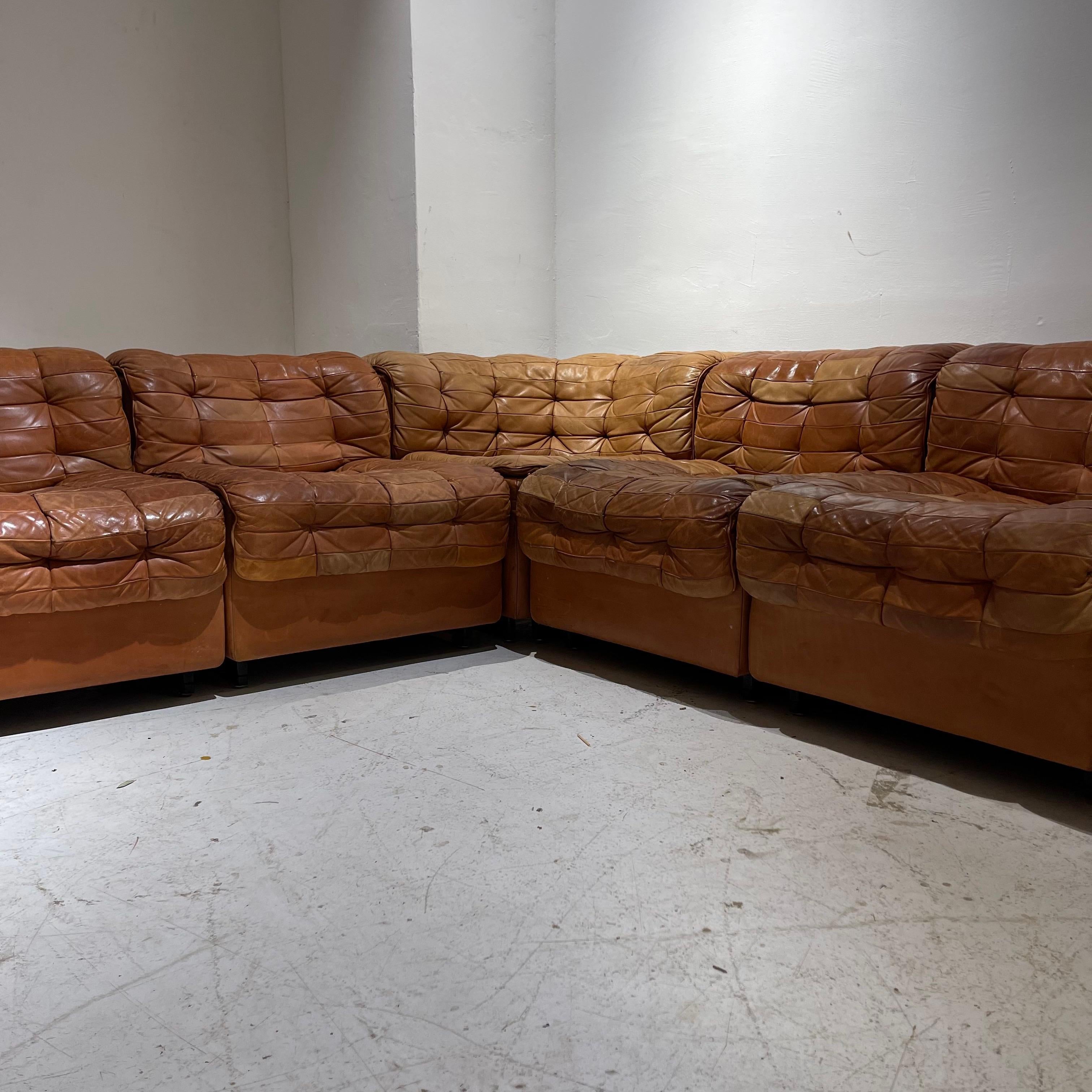 De Sede DS 11 Modular Sofa in Patinated Burnt Orange Cognac Leather, 1970s 1