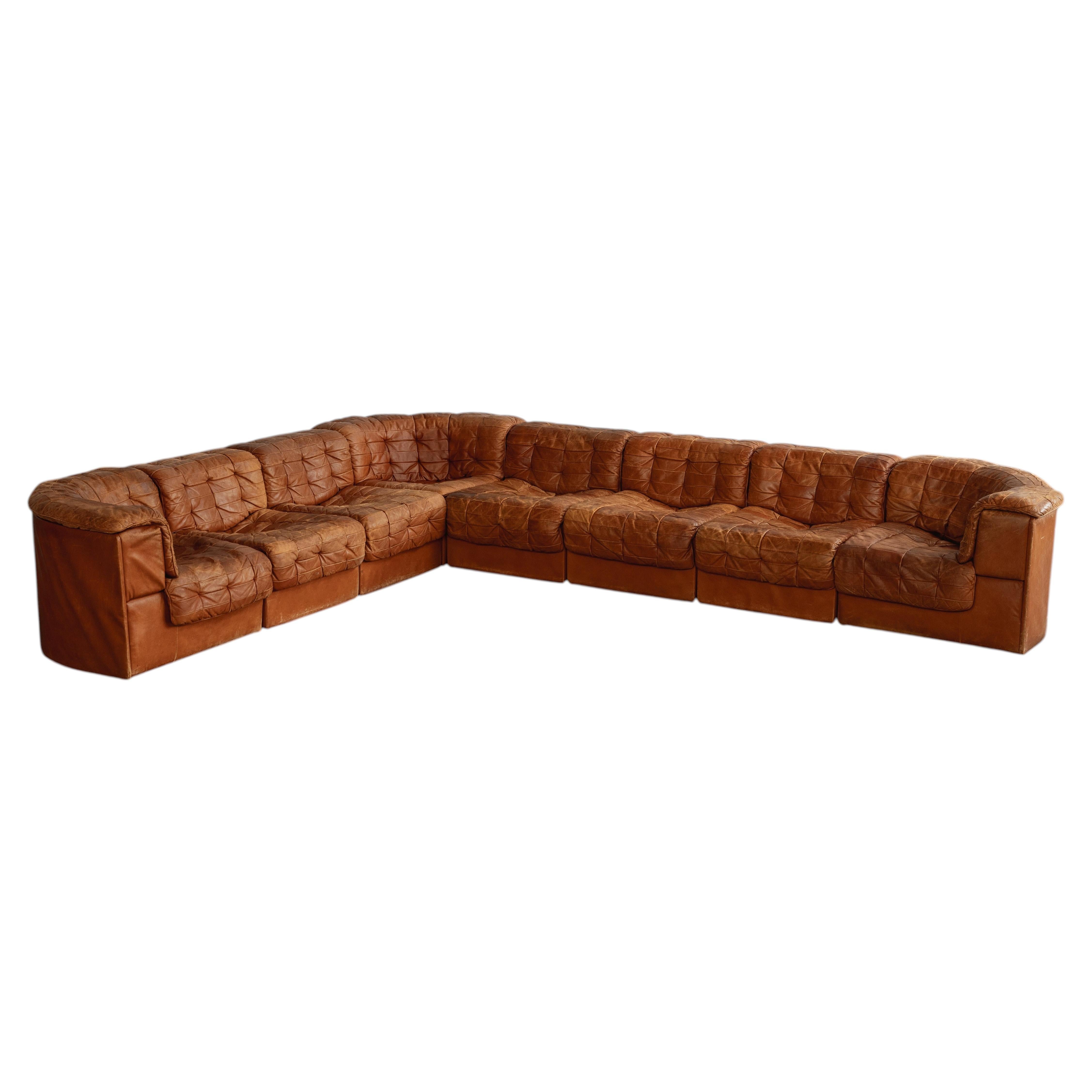 De Sede "DS-11" Modular Sofa, Patinated Cognac Leather, 1970, Set of 8