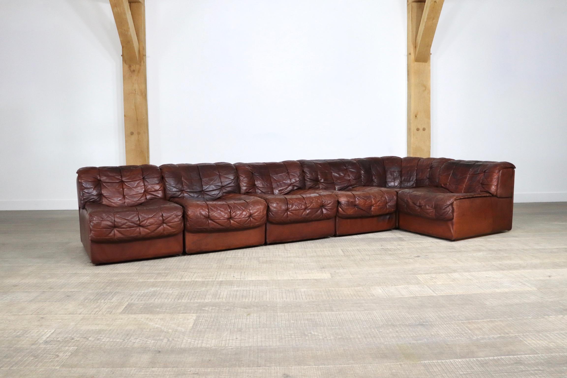 Late 20th Century De Sede DS-11 Sofa in Deep Cognac Patchwork Leather, 1970s