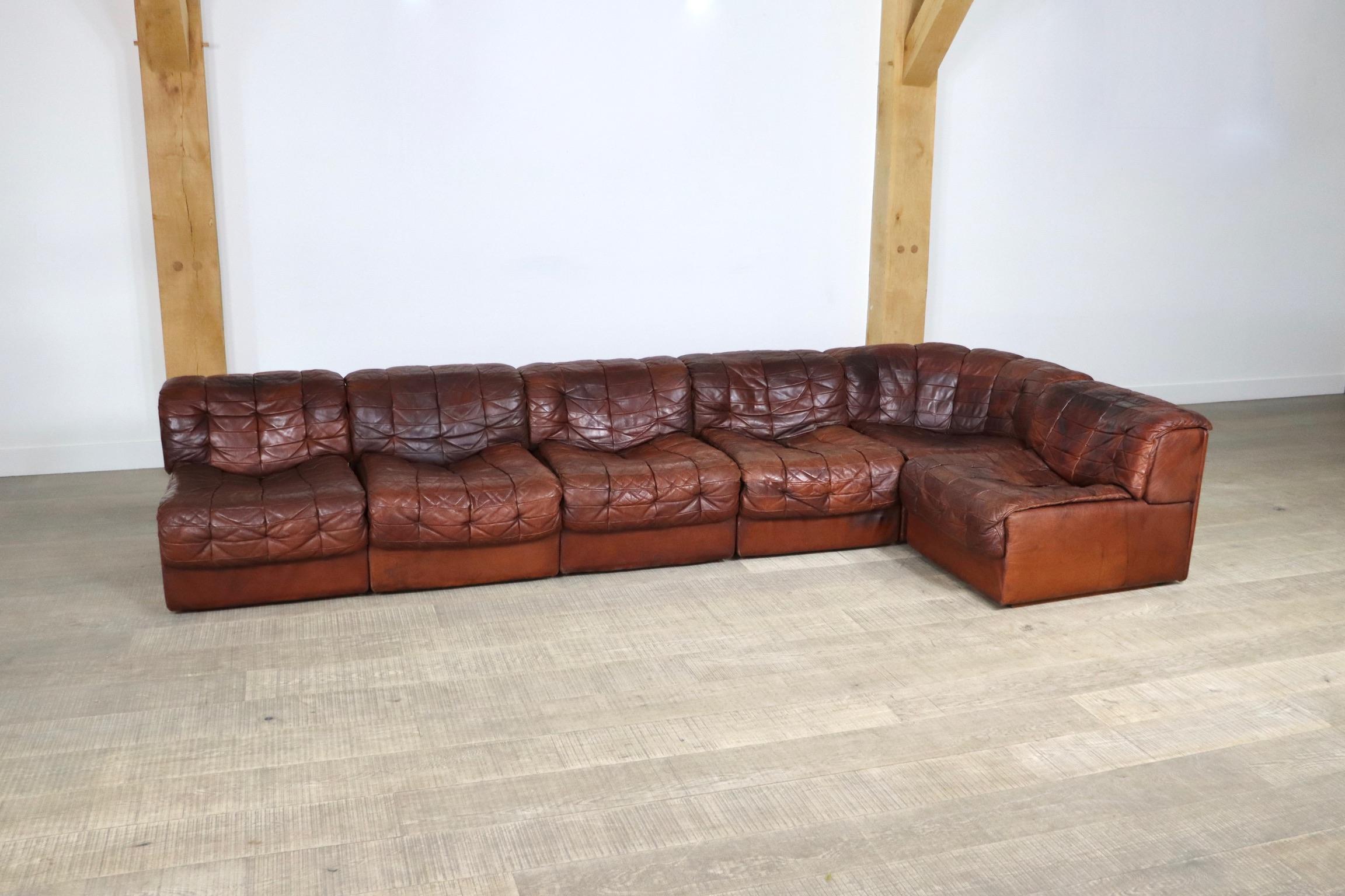 De Sede DS-11 Sofa in Deep Cognac Patchwork Leather, 1970s 1