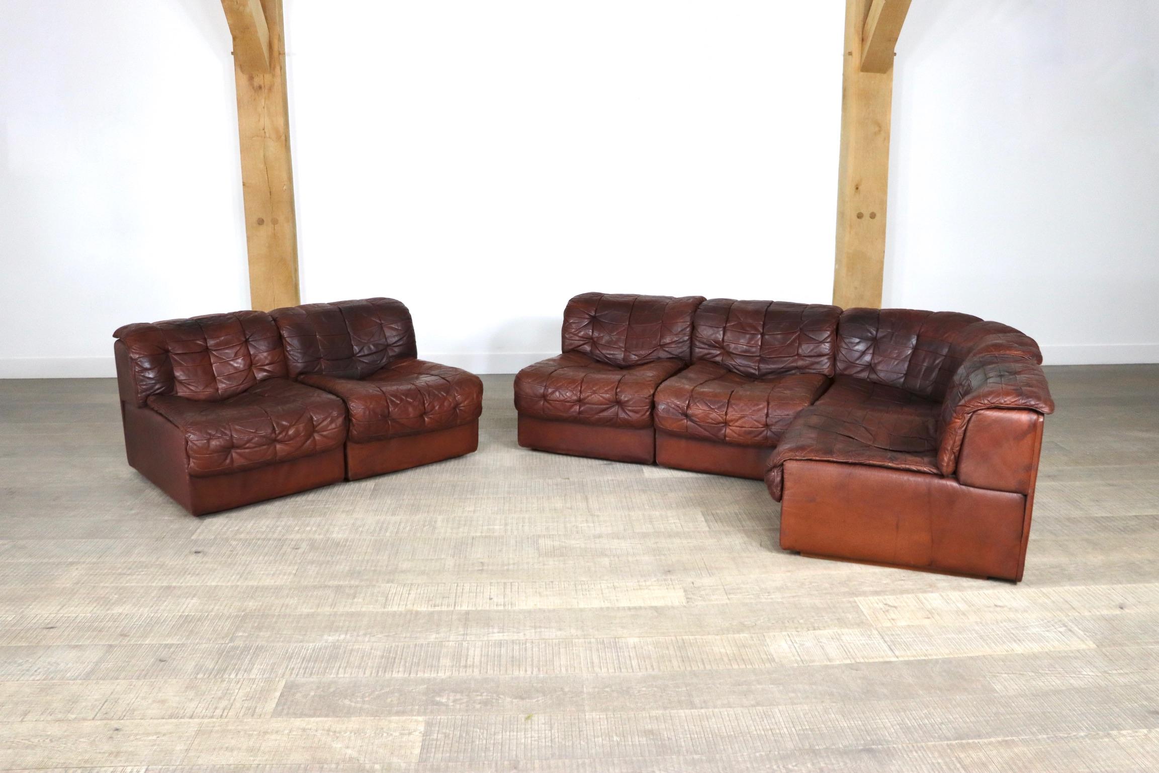 De Sede DS-11 Sofa in Deep Cognac Patchwork Leather, 1970s 4