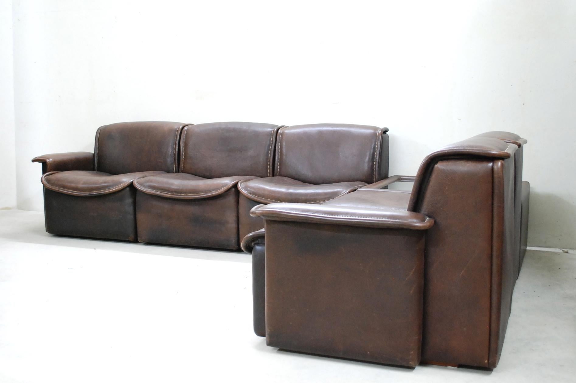Mid-Century Modern De Sede DS 12 Modular Vintage Neck Leather Sofa Brown and Coffee Table For Sale