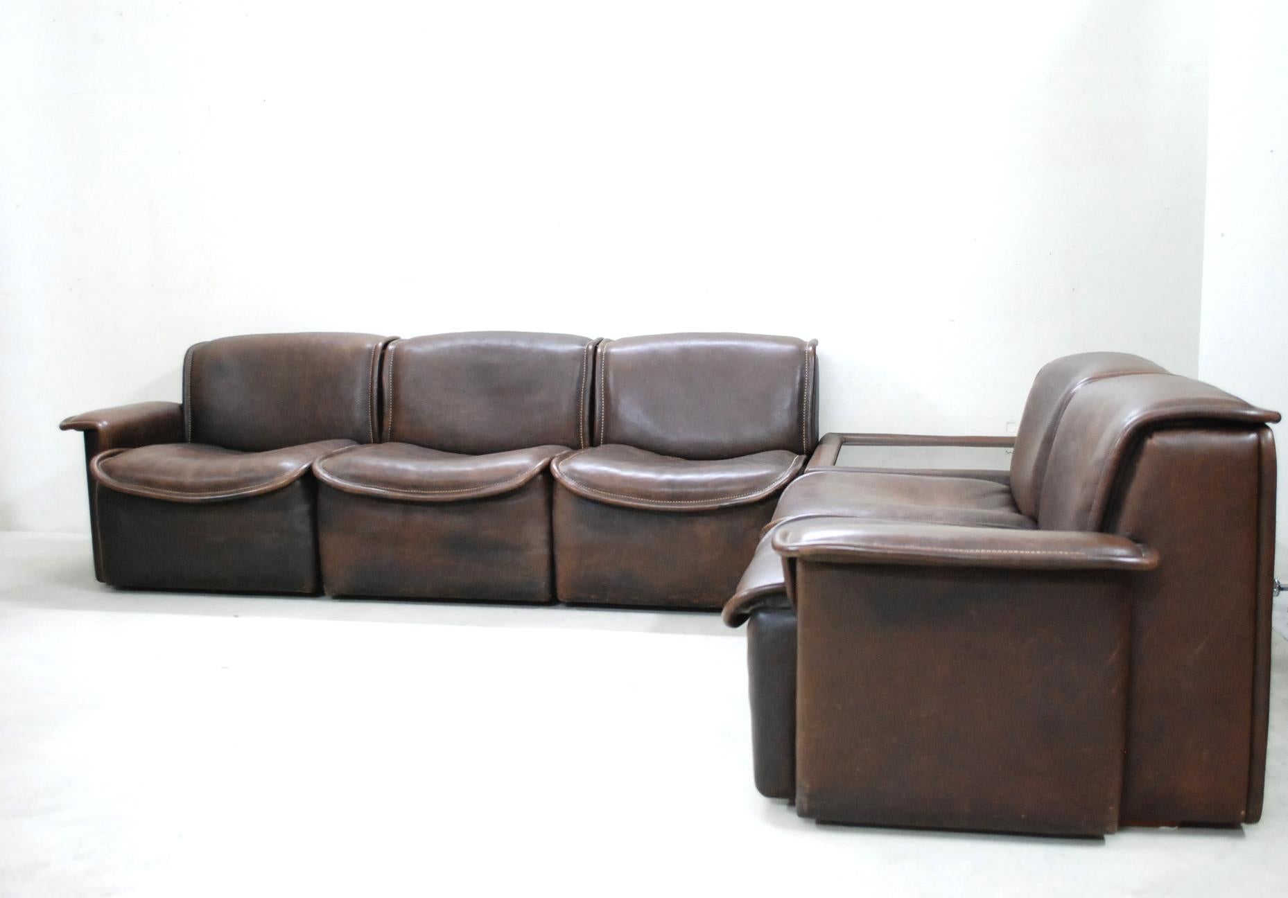 Swiss De Sede DS 12 Modular Vintage Neck Leather Sofa Brown and Coffee Table For Sale
