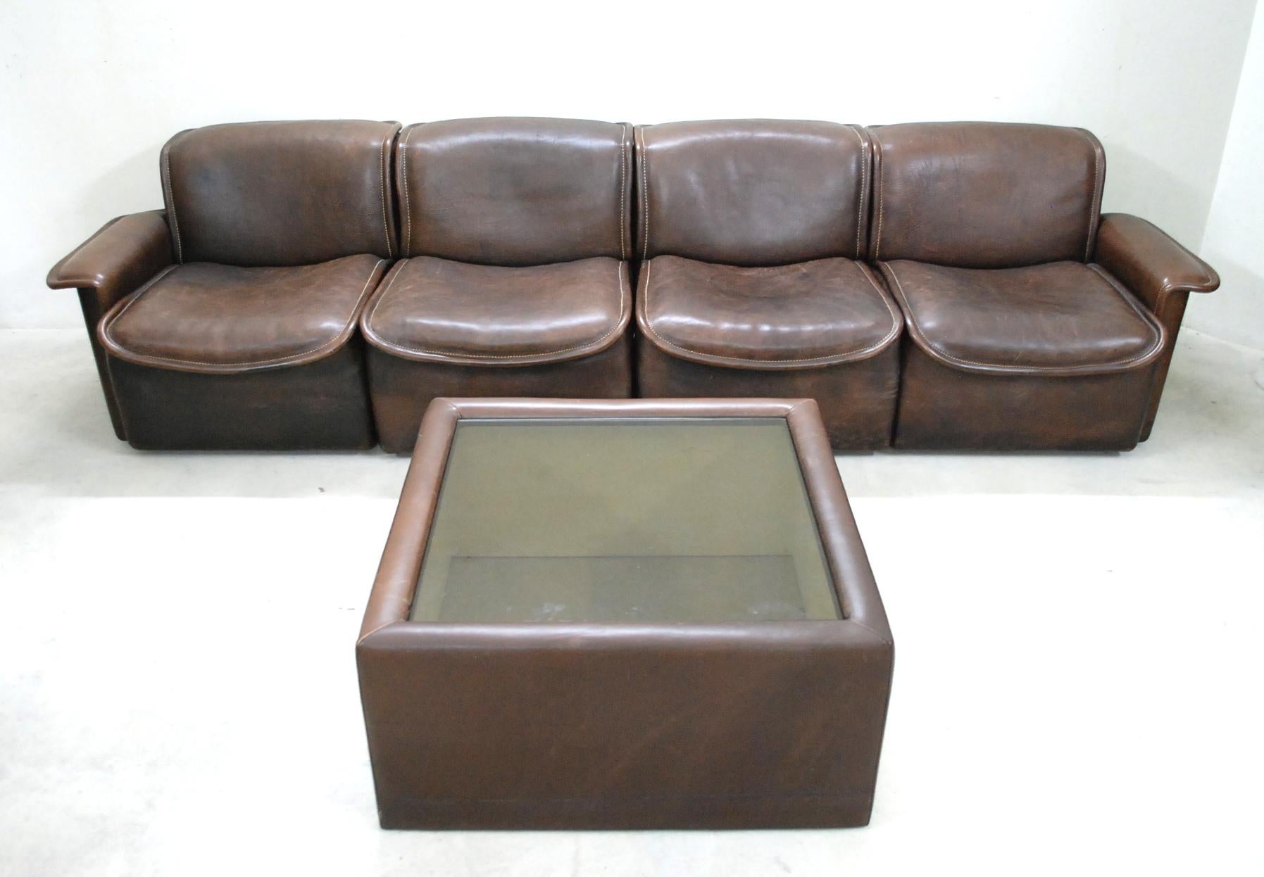 De Sede DS 12 Modular Vintage Neck Leather Sofa Brown and Coffee Table For Sale 2