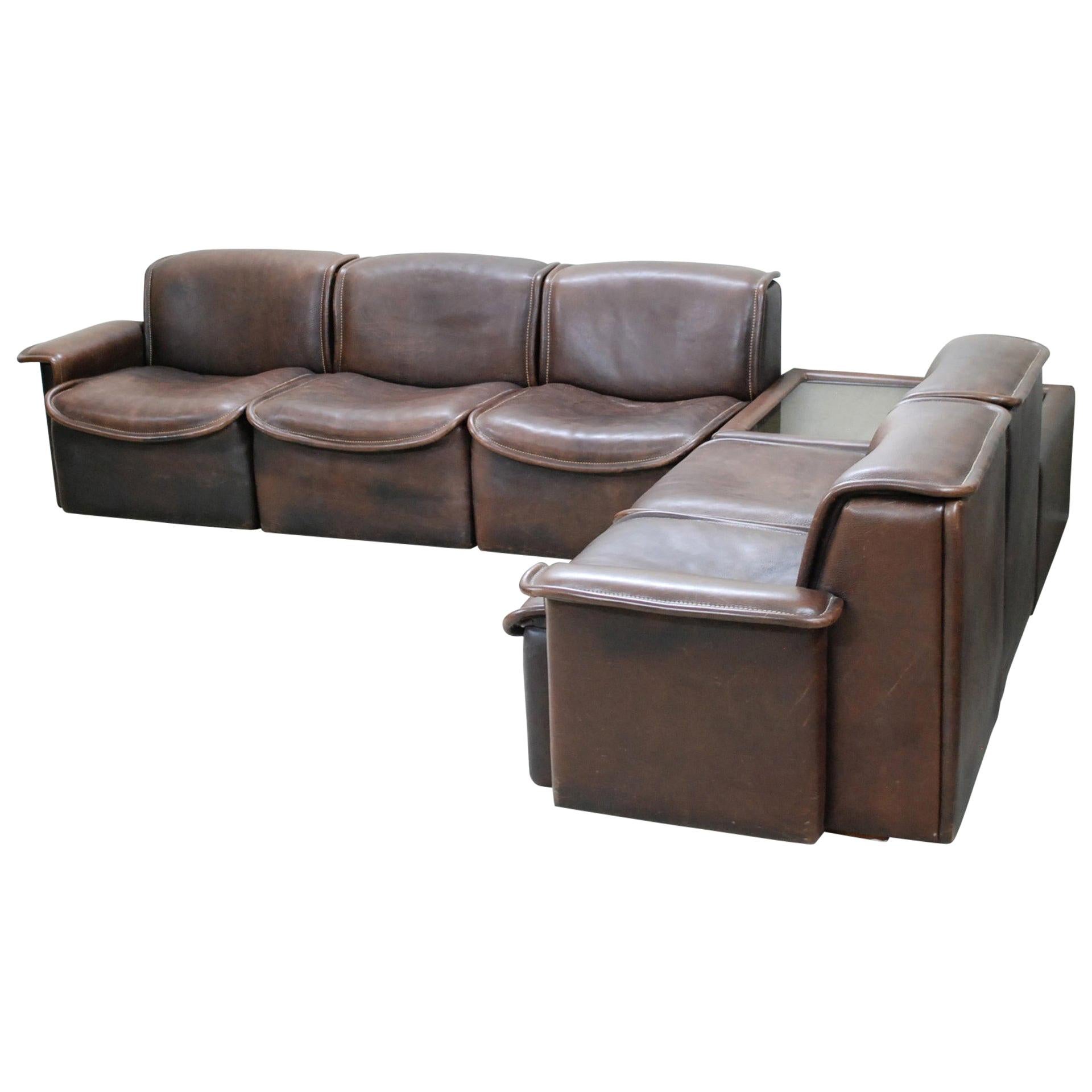 De Sede DS 12 Modular Vintage Neck Leather Sofa Brown and Coffee Table