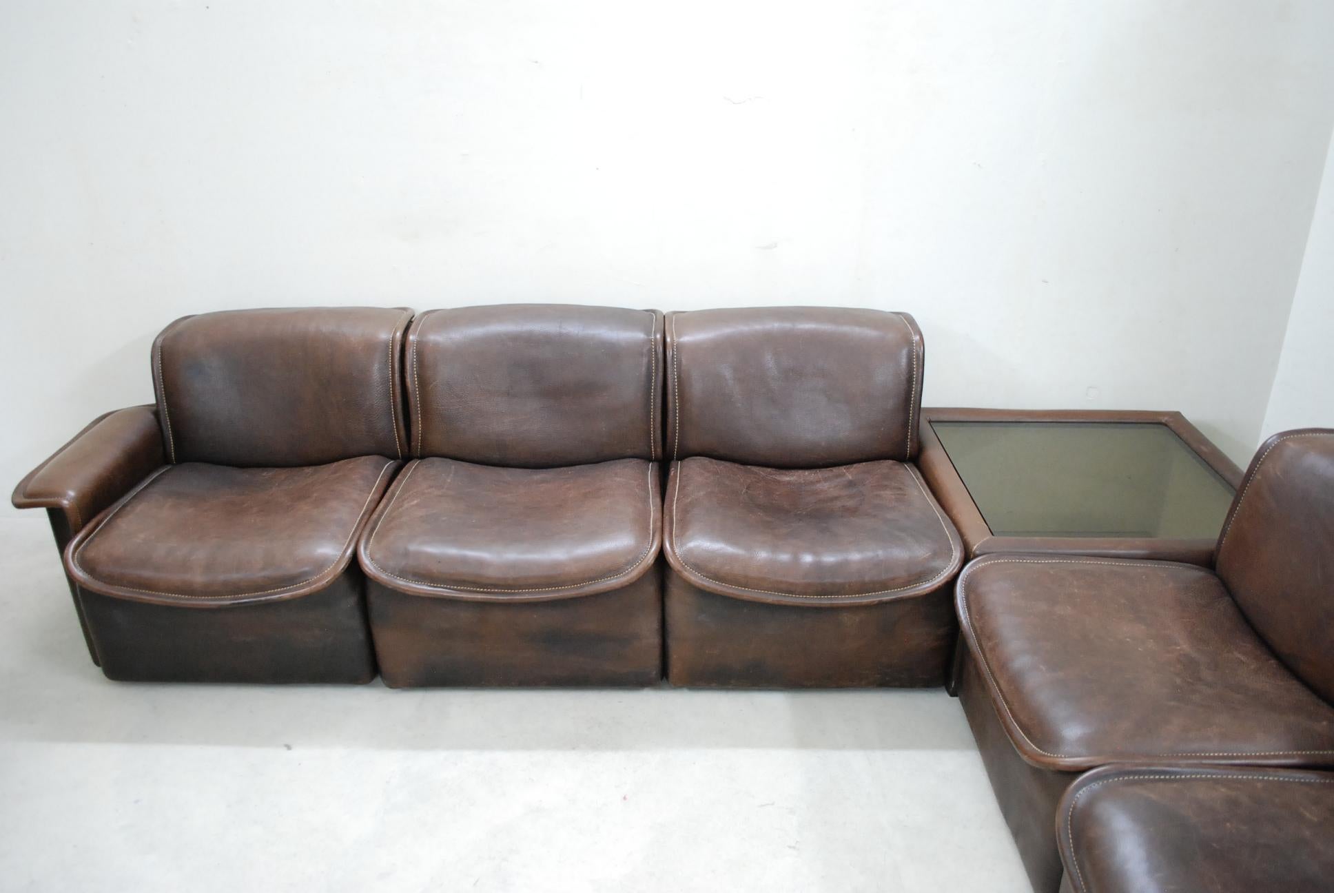 Mid-Century Modern De Sede DS 12 Module Vintage Neck Leather Sofa Brown and Coffeetable For Sale