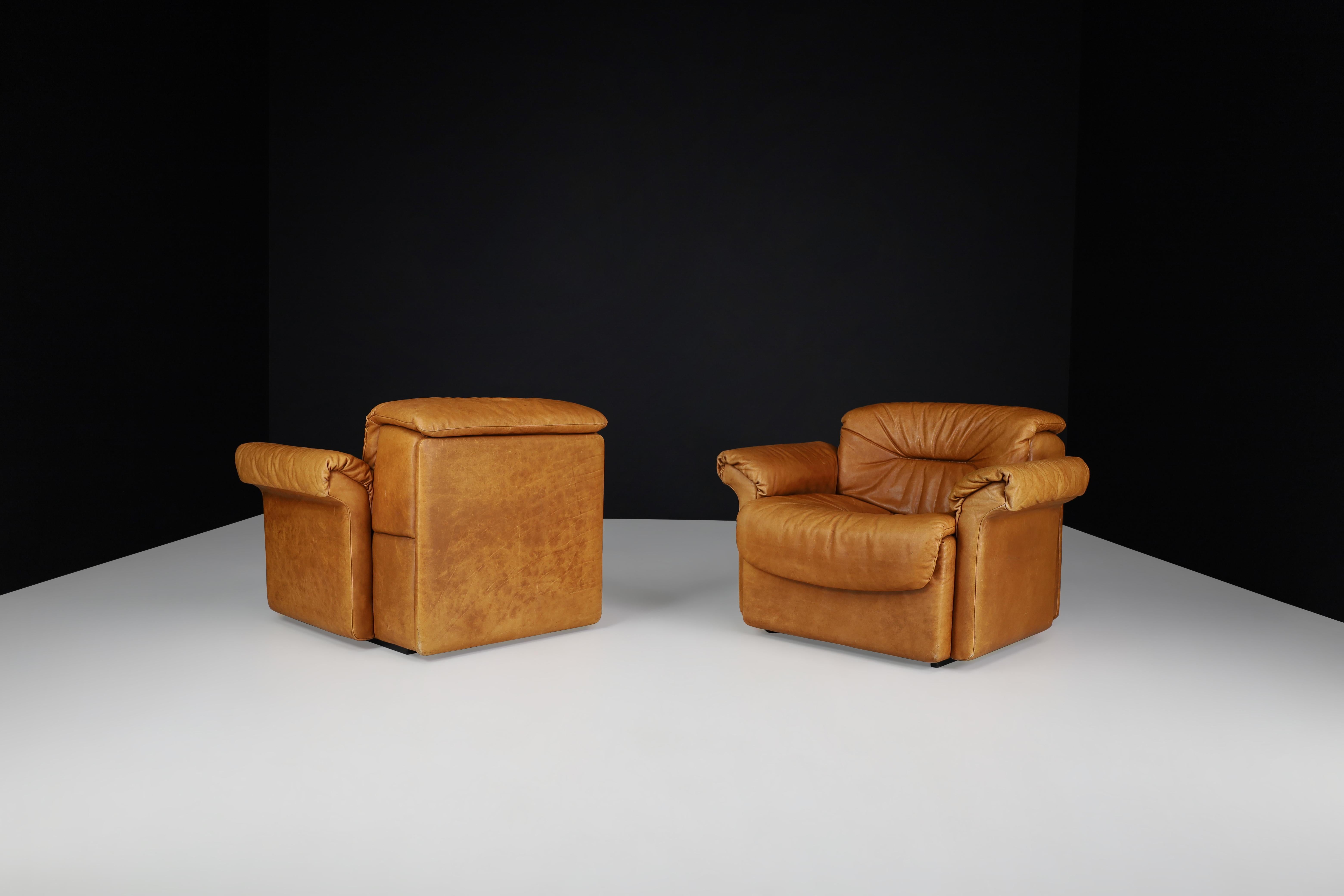 Mid-Century Modern De Sede DS 14 Lounge Chairs in Patinated Cognac Leather, Switzerland, 1970s For Sale
