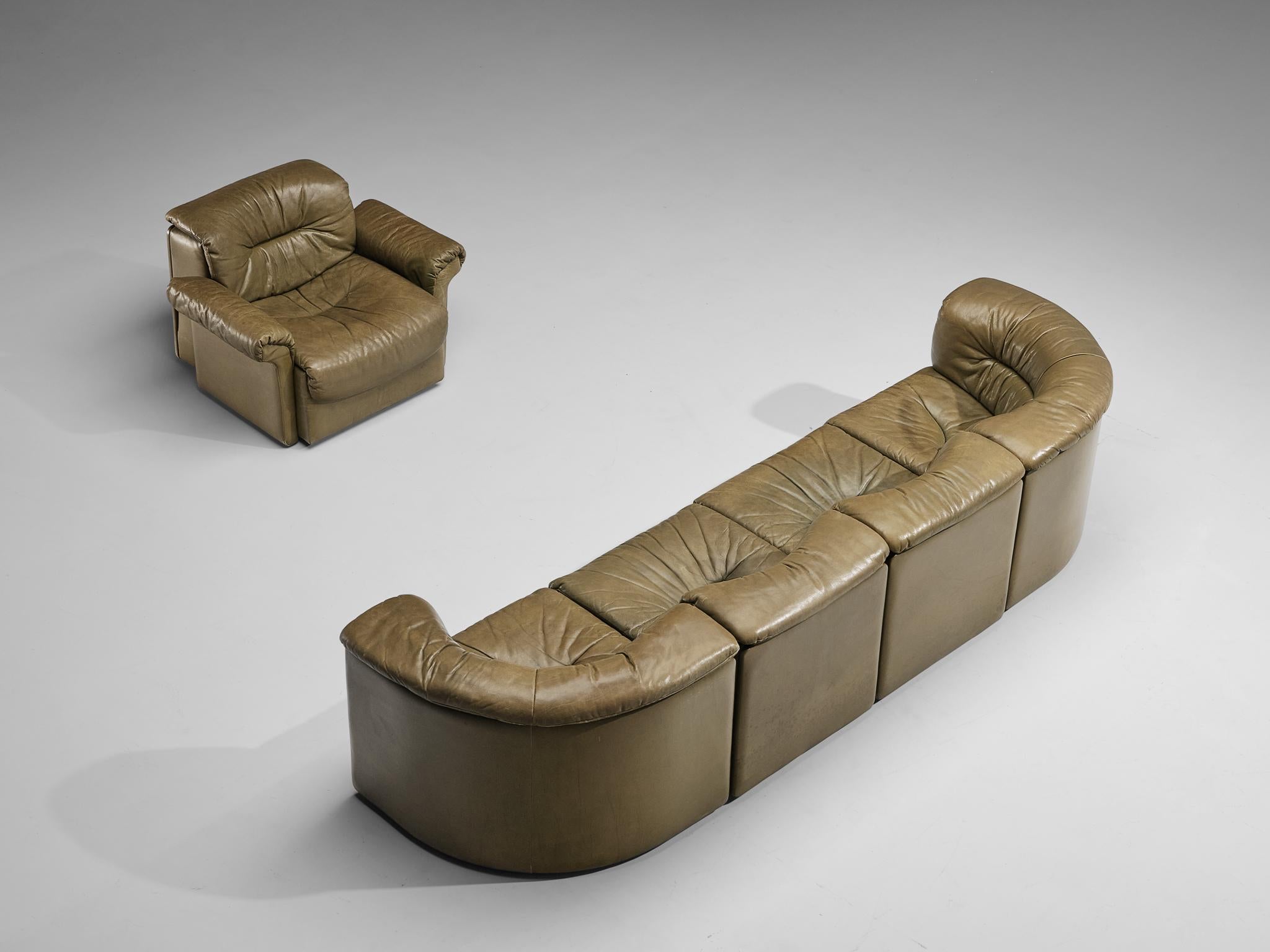 Mid-Century Modern De Sede 'DS-14' Modular Sofa in Patinated Olive Green Leather