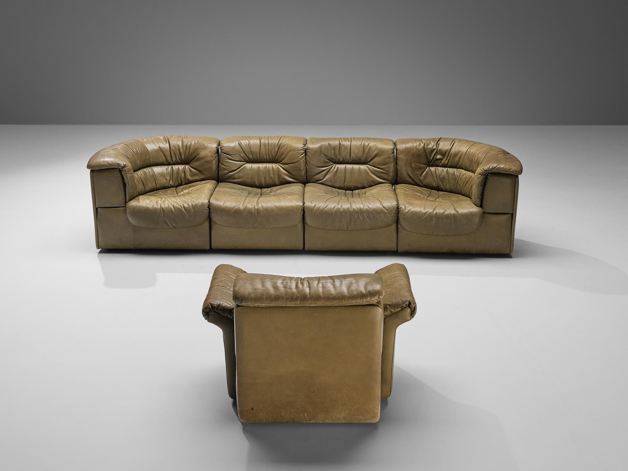 Late 20th Century De Sede 'DS-14' Modular Sofa in Patinated Olive Green Leather
