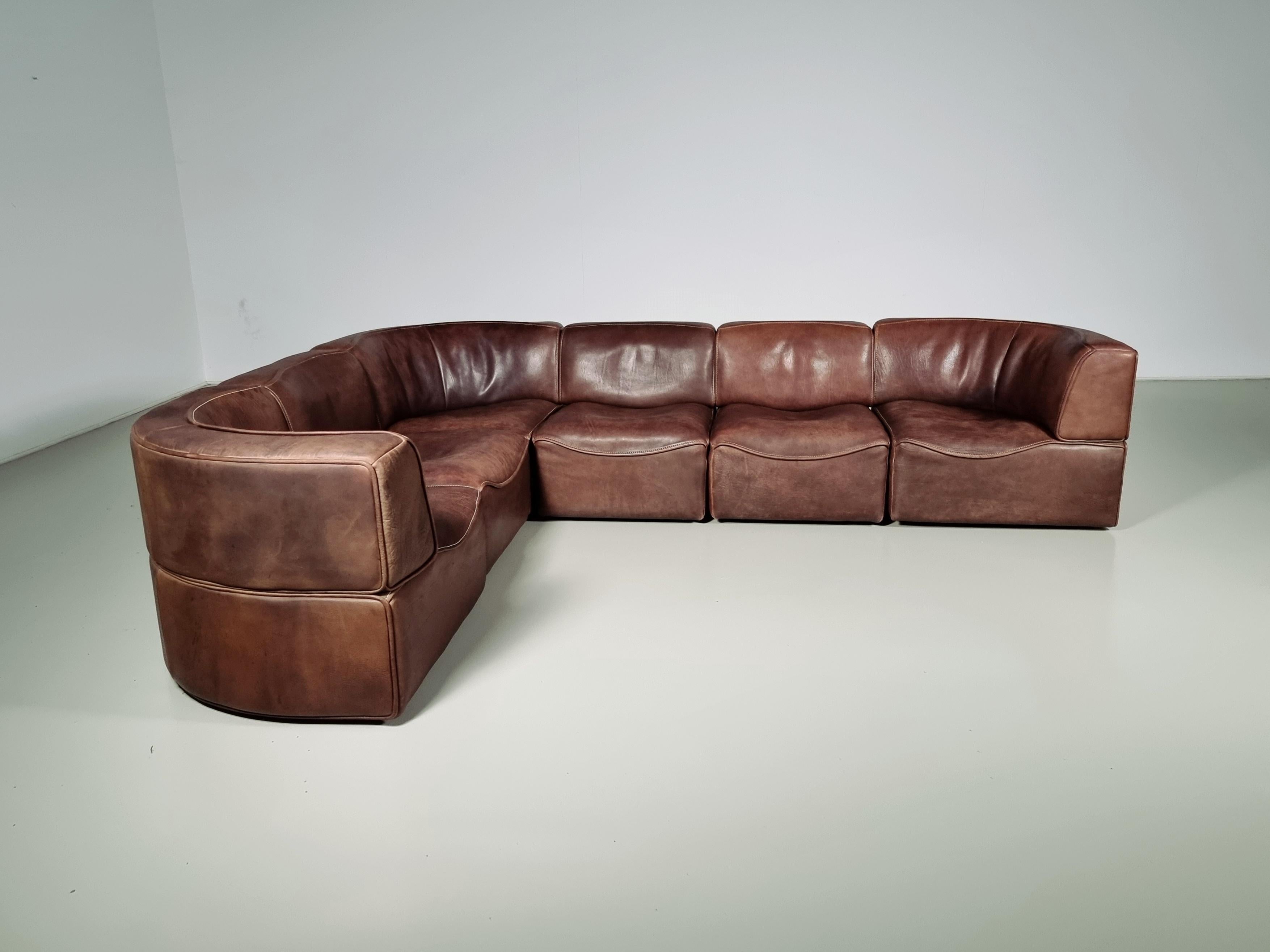 Mid-Century Modern De Sede DS-15 Modular Sofa in original brown Leather, 1970s