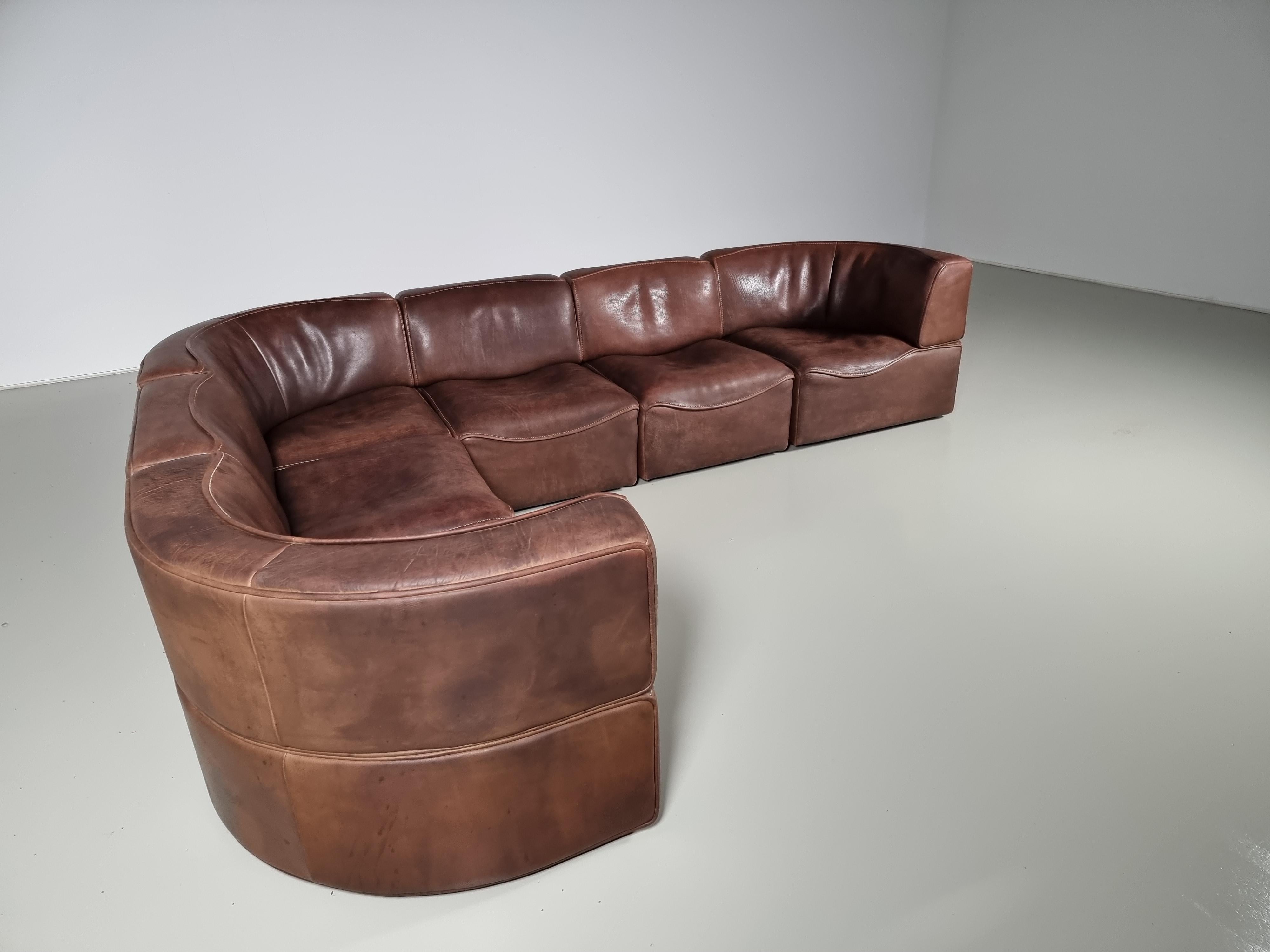European De Sede DS-15 Modular Sofa in original brown Leather, 1970s