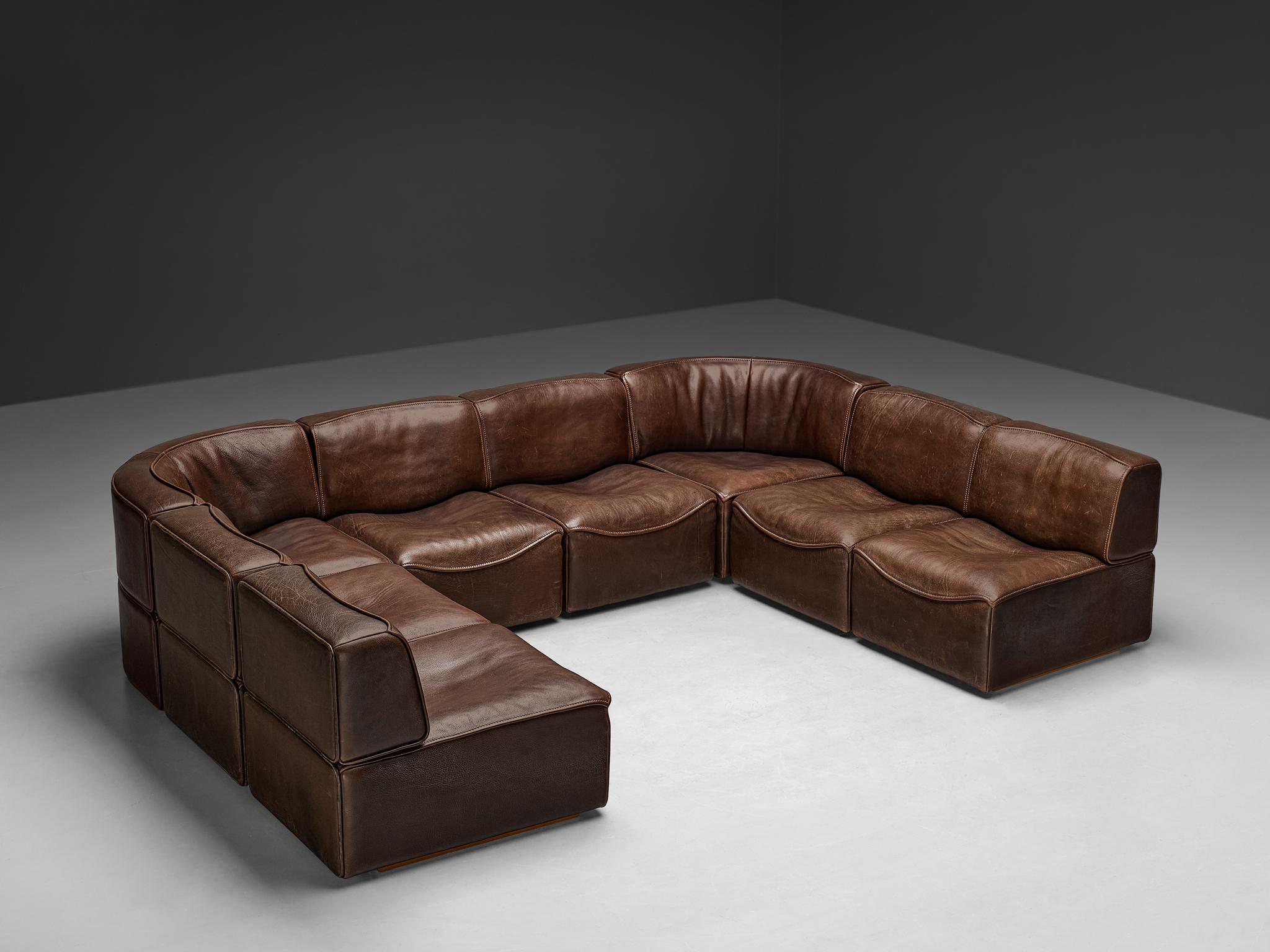 Mid-Century Modern De Sede ‘DS-15’ Modular Sofa in Patinated Brown Leather