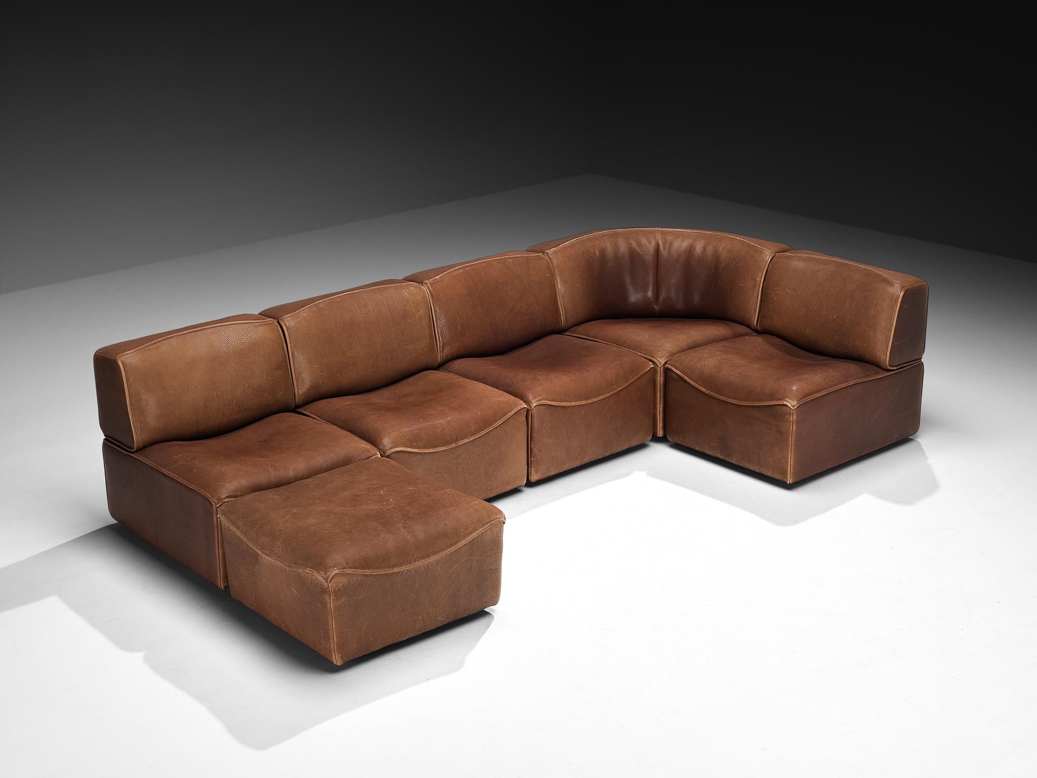 De Sede 'DS-15' Canapé modulable en cuir Brown patiné Bon état - En vente à Waalwijk, NL
