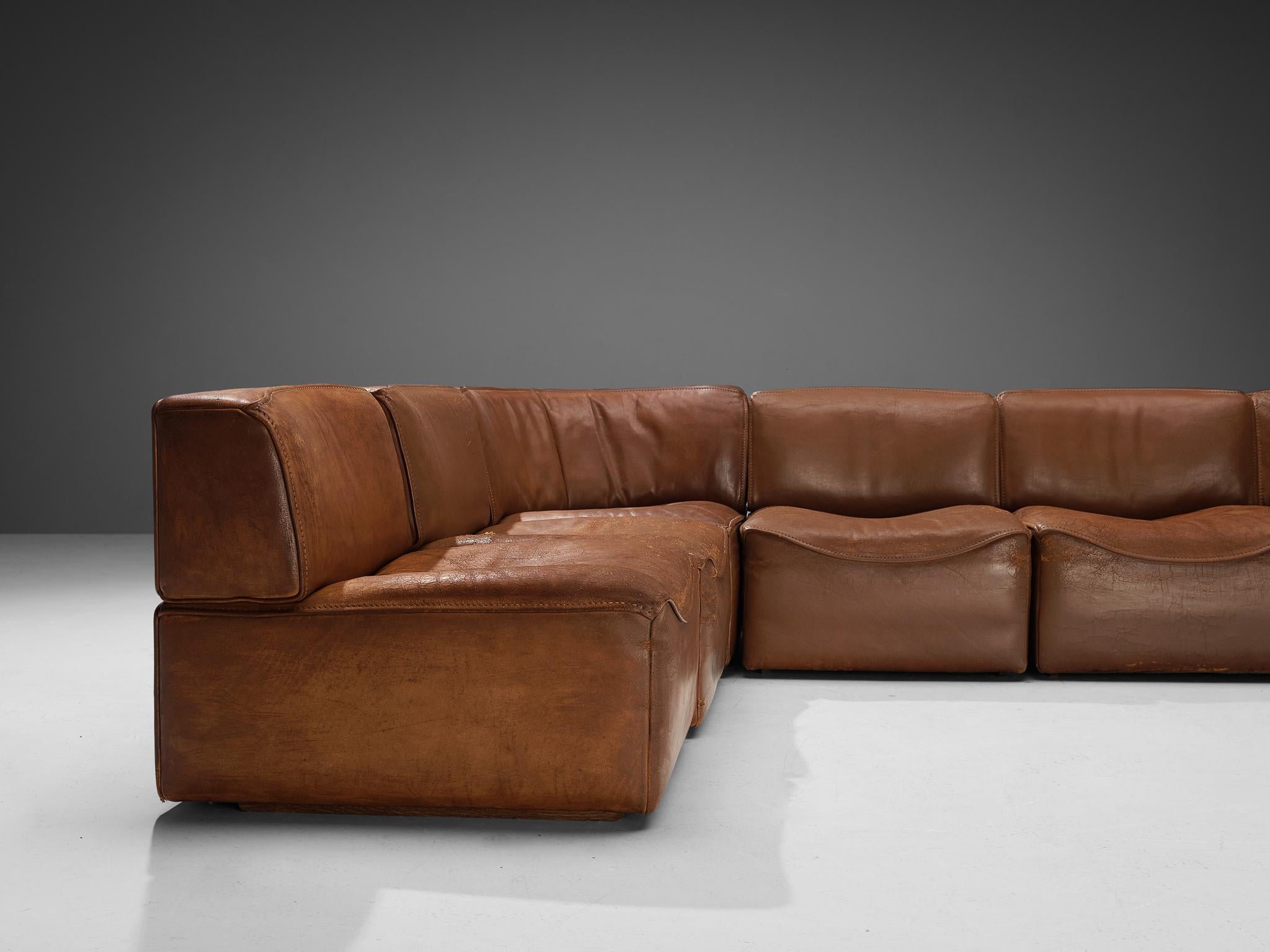 Mid-Century Modern De Sede ‘DS-15’ Modular Sofa in Patinated Cognac Leather 