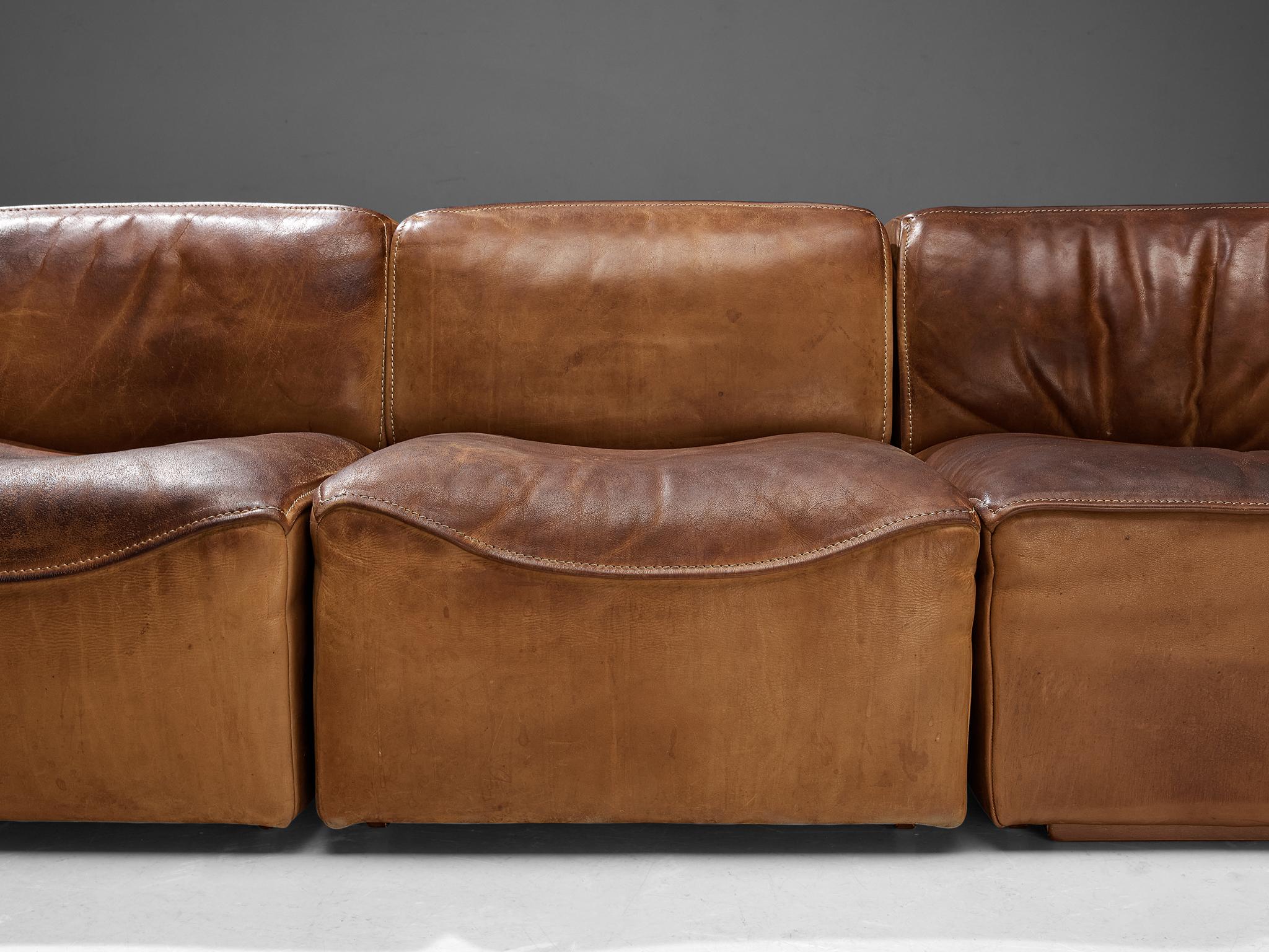 Mid-Century Modern De Sede ‘DS-15’ Modular Sofa in Patinated Cognac Leather 