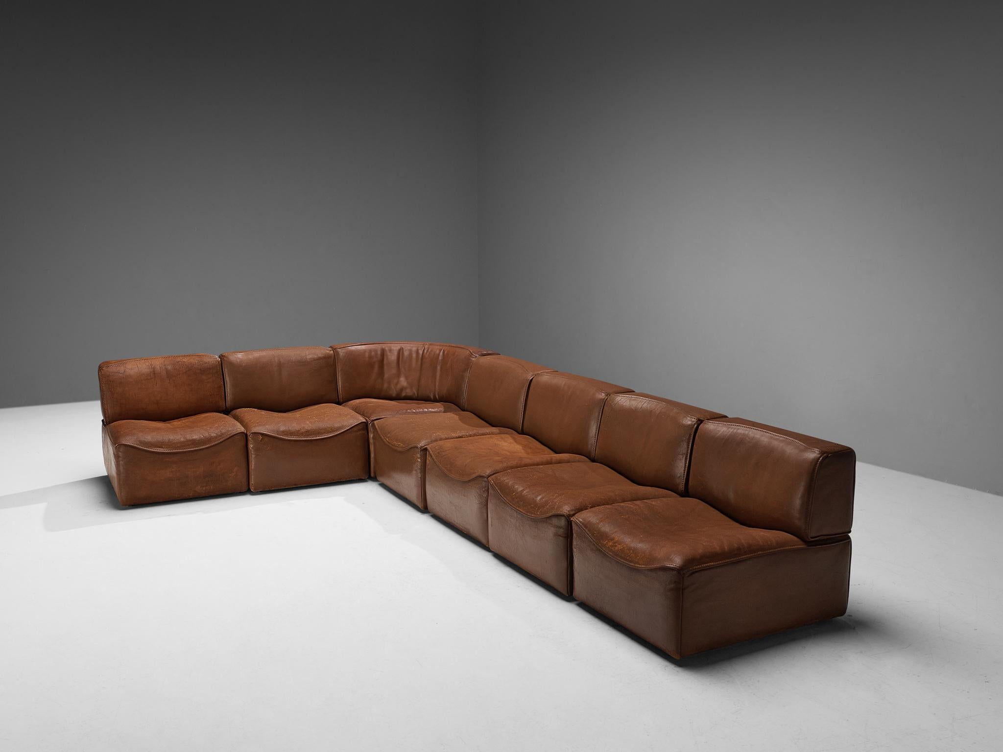 Mid-Century Modern De Sede ‘DS-15’ Modular Sofa in Patinated Cognac Leather  For Sale