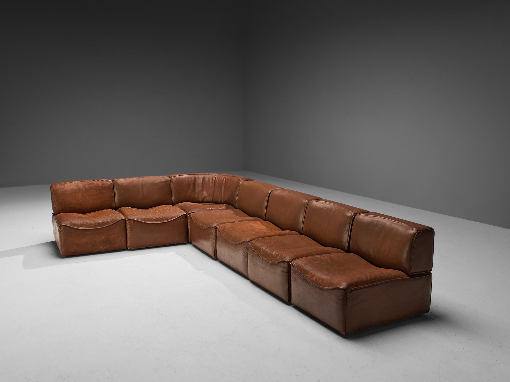 Swiss De Sede ‘DS-15’ Modular Sofa in Patinated Cognac Leather 