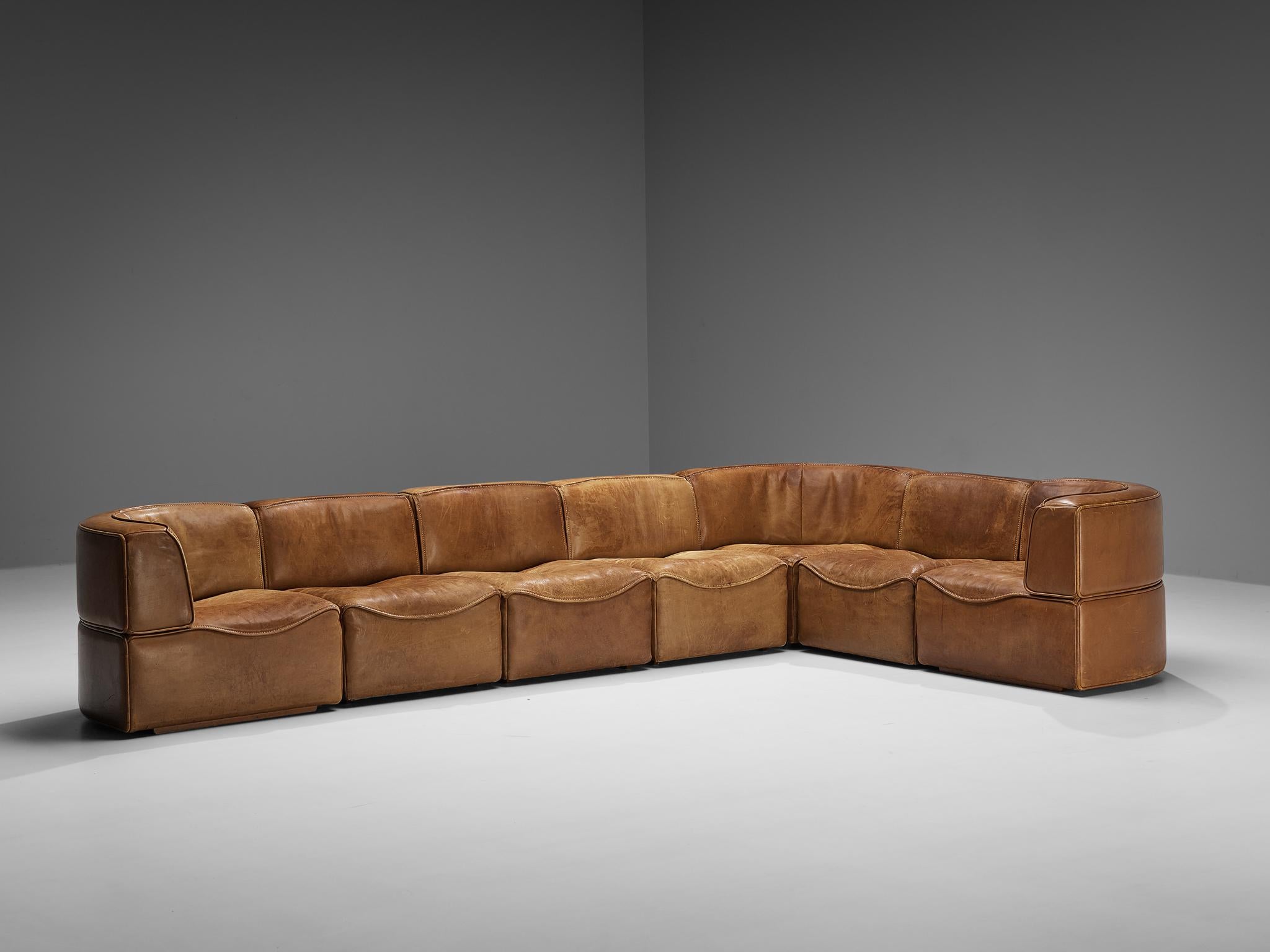 Swiss De Sede ‘DS-15’ Modular Sofas in Patinated Cognac Leather 