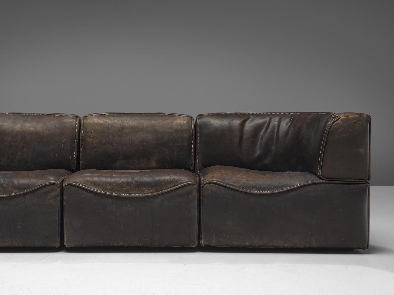 Swiss De Sede DS-15 Patinated Deep Brown Sectional Sofa