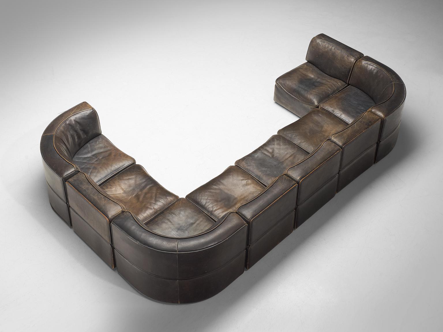 De Sede DS-15 Patinated Deep Brown Sectional Sofa In Good Condition In Waalwijk, NL
