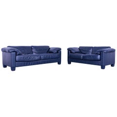 De Sede DS 17 Leather Sofa Set Blue Three-Seat Two-Seat