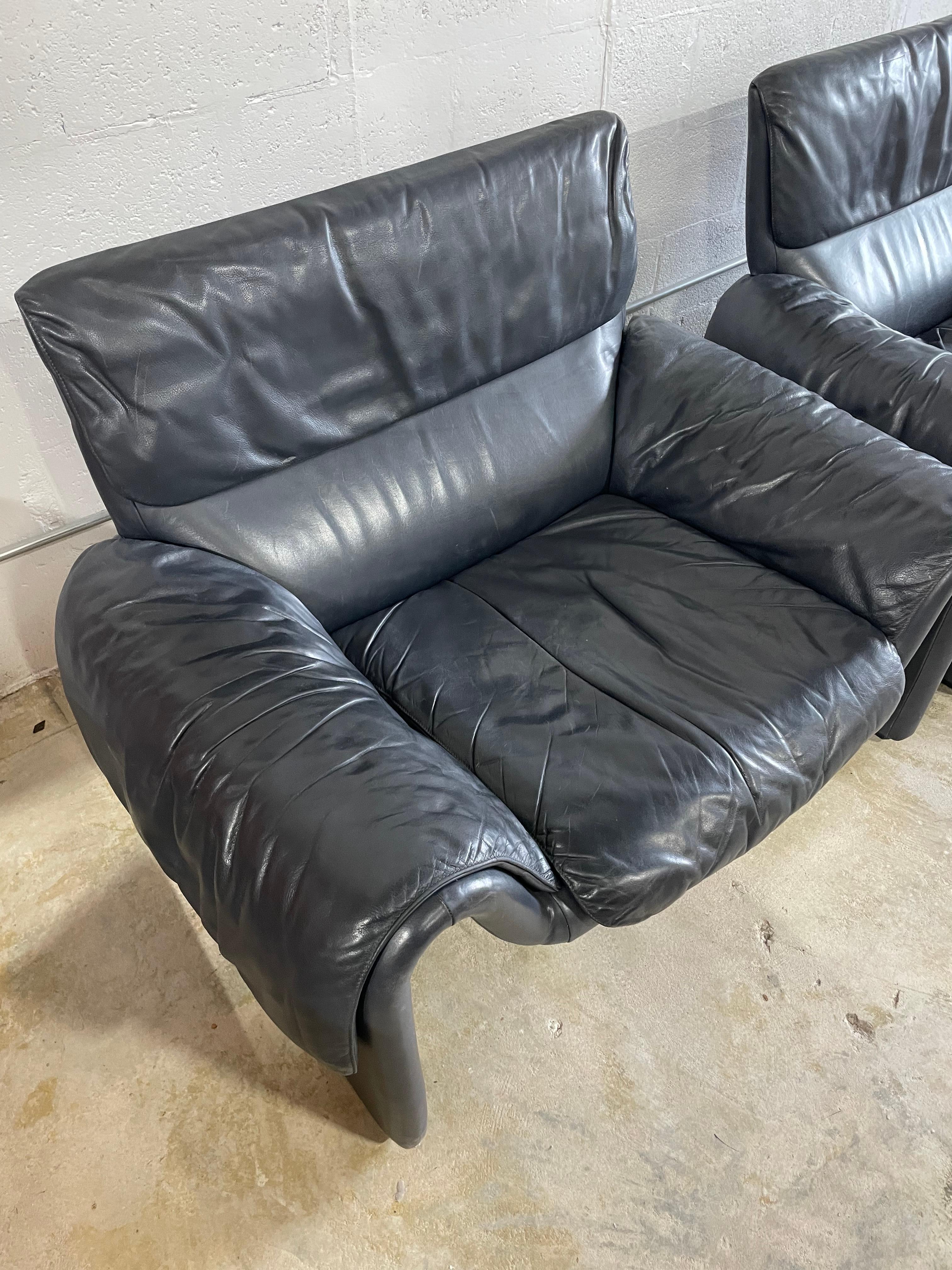 Swiss De Sede DS 2011 Pair Lounge Chairs in Dark Blue Leather
