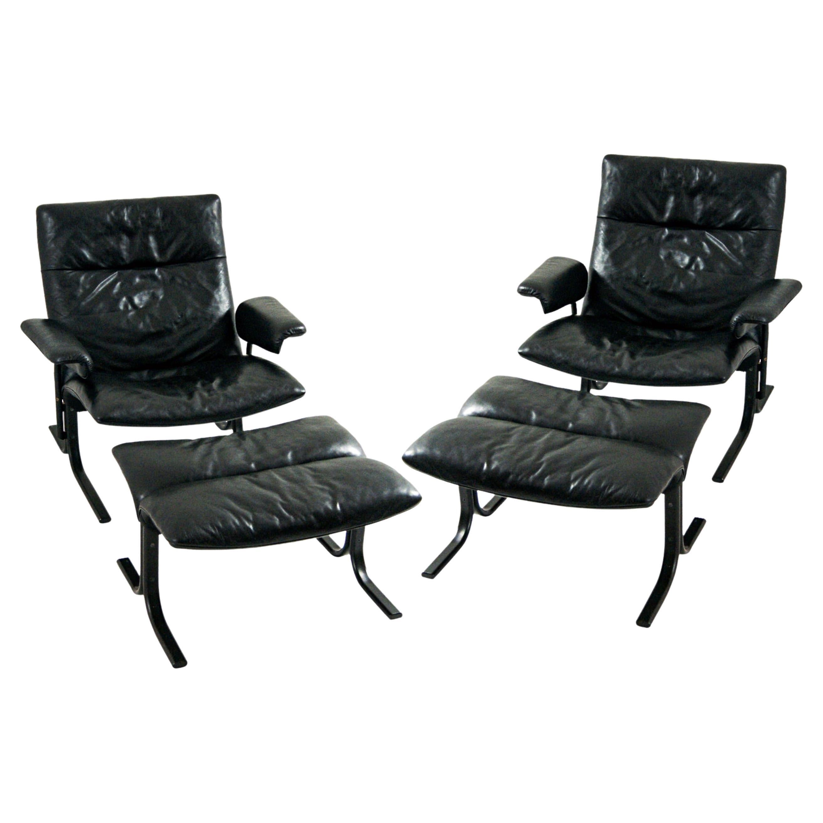 De Sede DS-2030 Sessel und Fußhocker aus schwarzem Leder von Hans Eichenberger