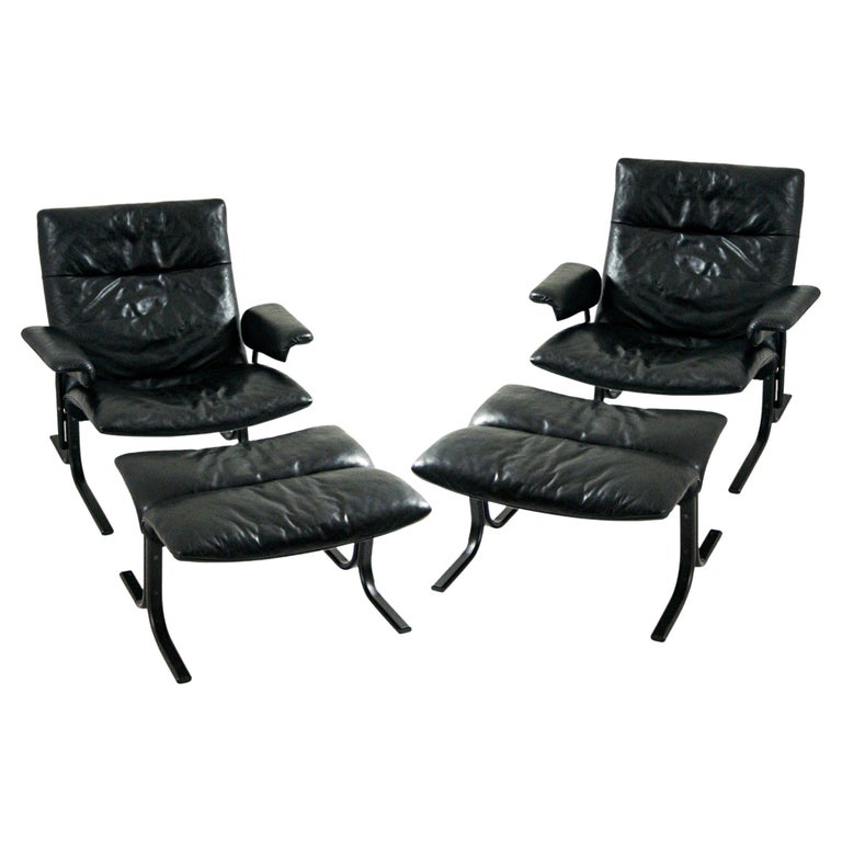 De Sede DS-2030 Black Leather Armchair and Footstool by Hans Eichenberger For Sale
