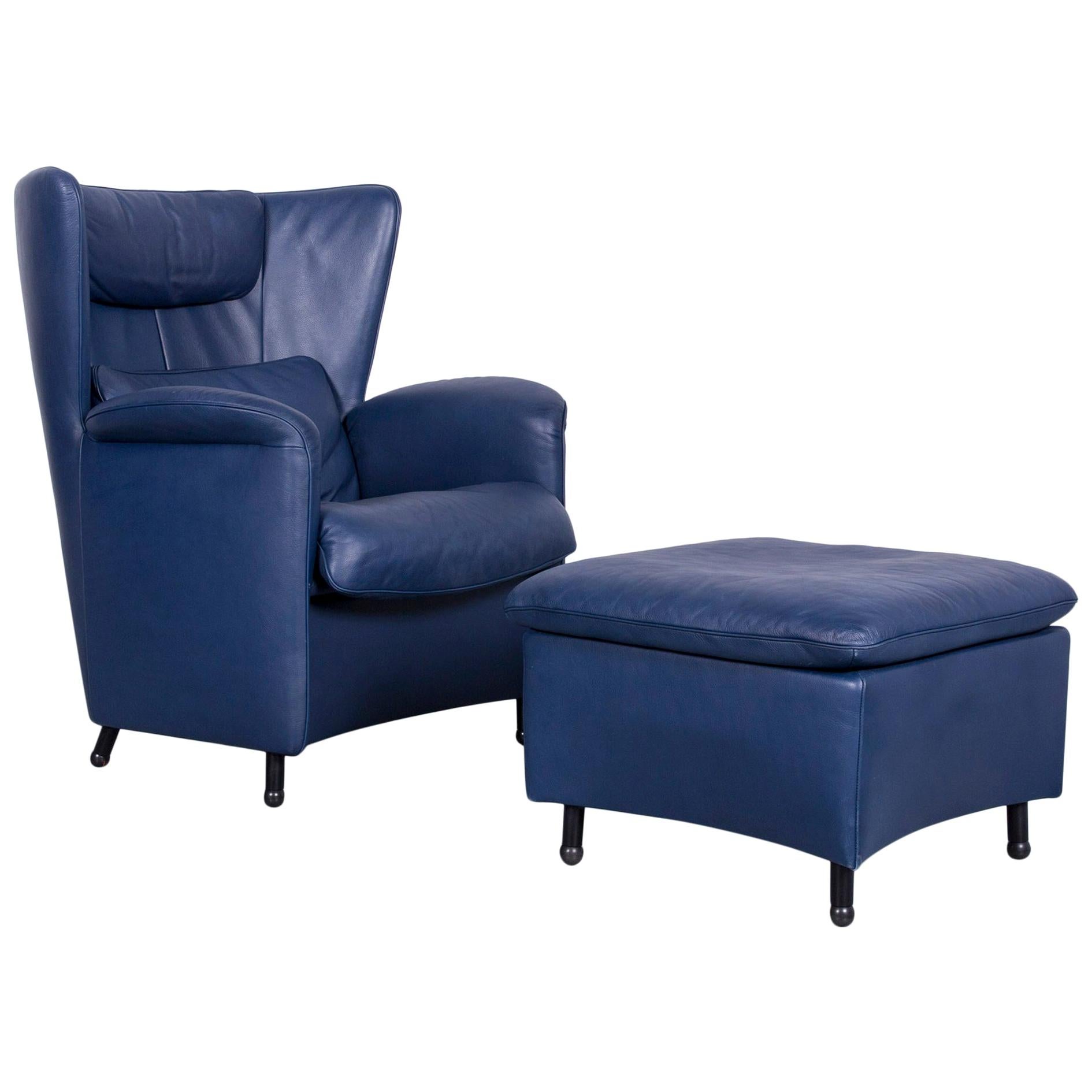 De Sede DS 23 Leather Armchair Blue One-Seat Set with Footstool For Sale