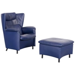 De Sede DS 23 Leather Armchair Set Blue One-Seat with Foot-Stool