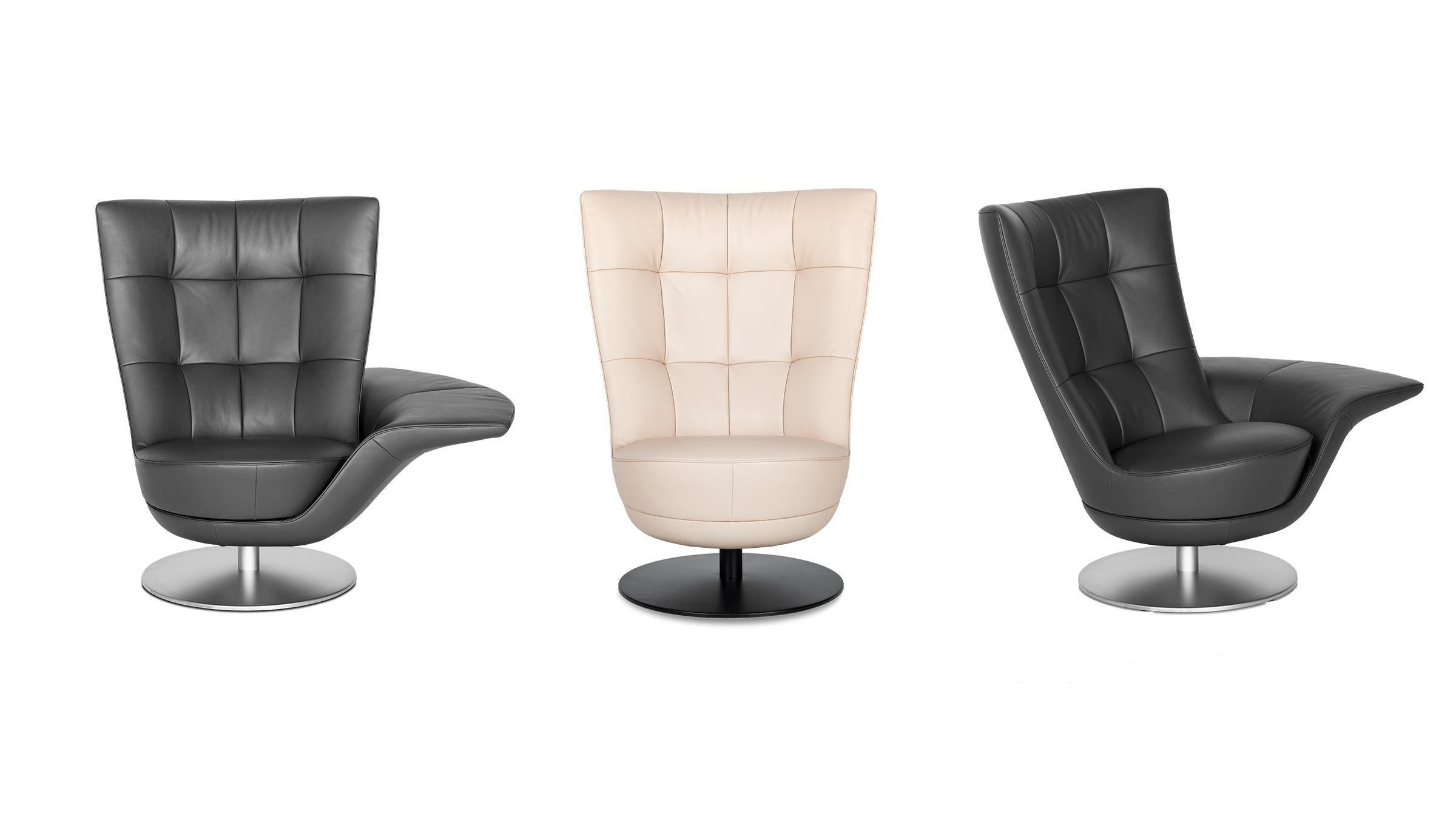 Unimagined flexibility, thanks to two armchair parts. The architecture of the armchair is based on two parts, each able to swivel about its own axis. Depending on how the two chair parts are rotated relative to one another, the lower part can be