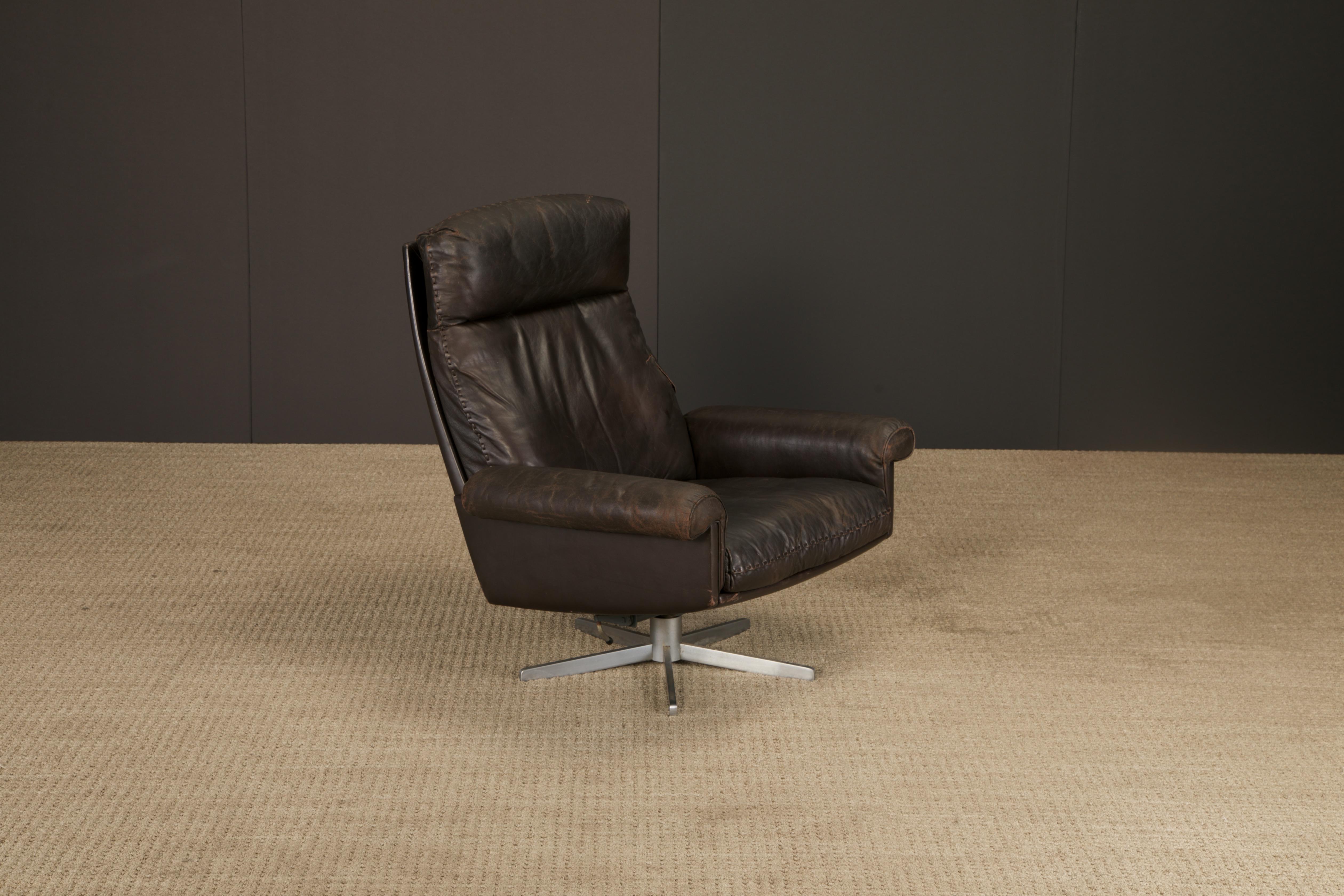 Silla giratoria De Sede DS-31 de cuero marrón oscuro cosido a mano Suiza Años 70 en venta 3