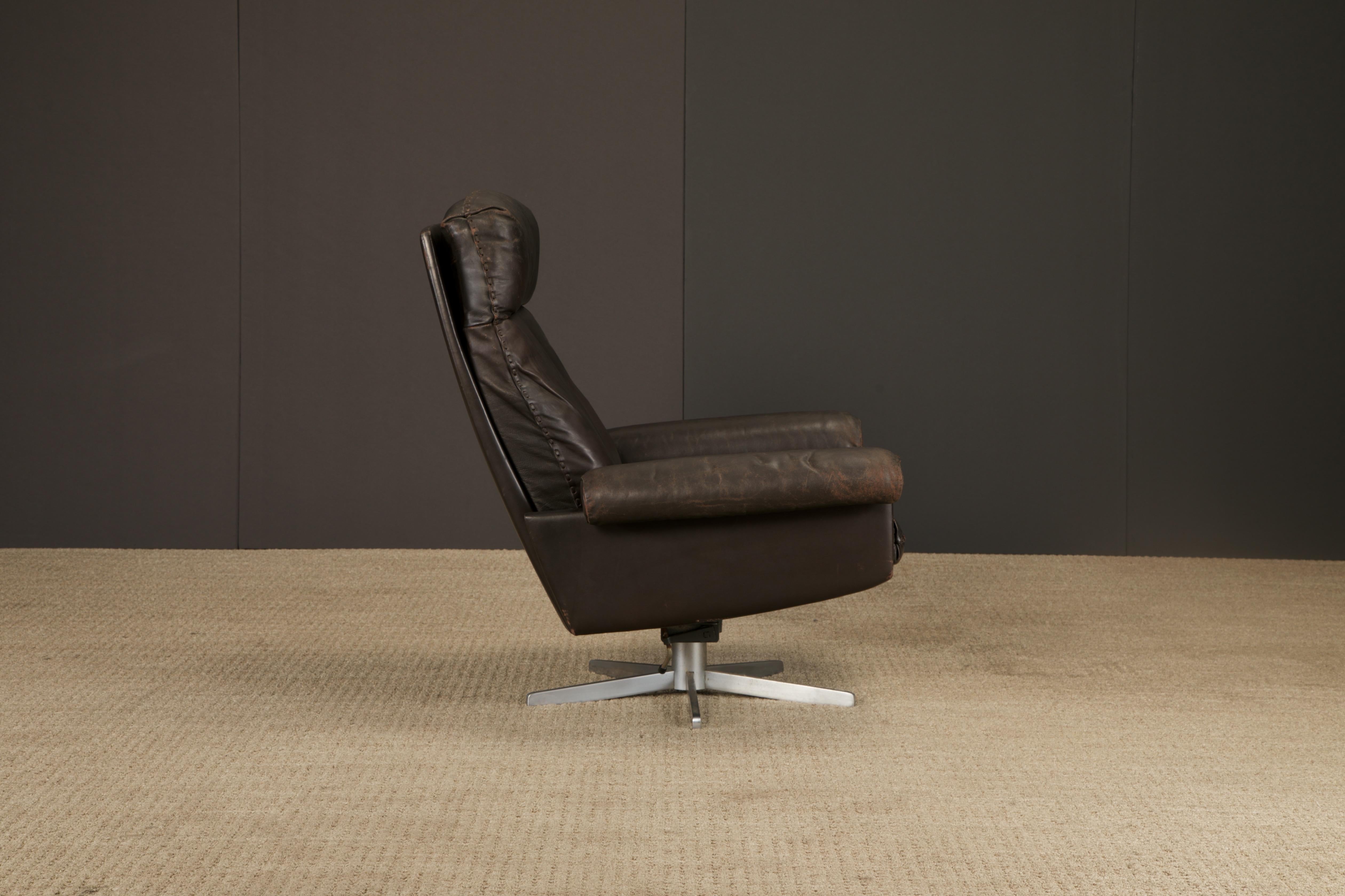 Silla giratoria De Sede DS-31 de cuero marrón oscuro cosido a mano Suiza Años 70 en venta 6