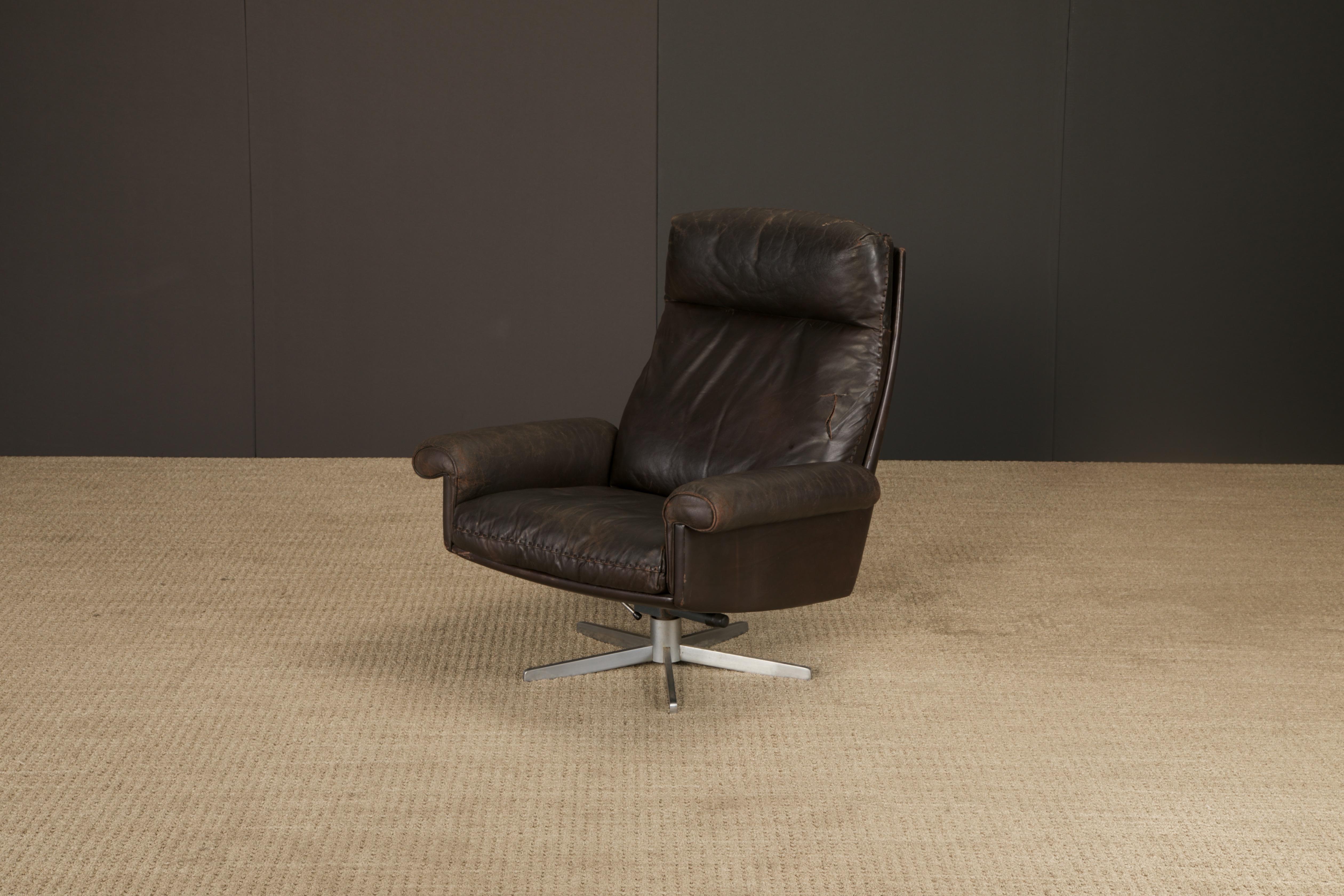 Silla giratoria De Sede DS-31 de cuero marrón oscuro cosido a mano Suiza Años 70 en venta 12