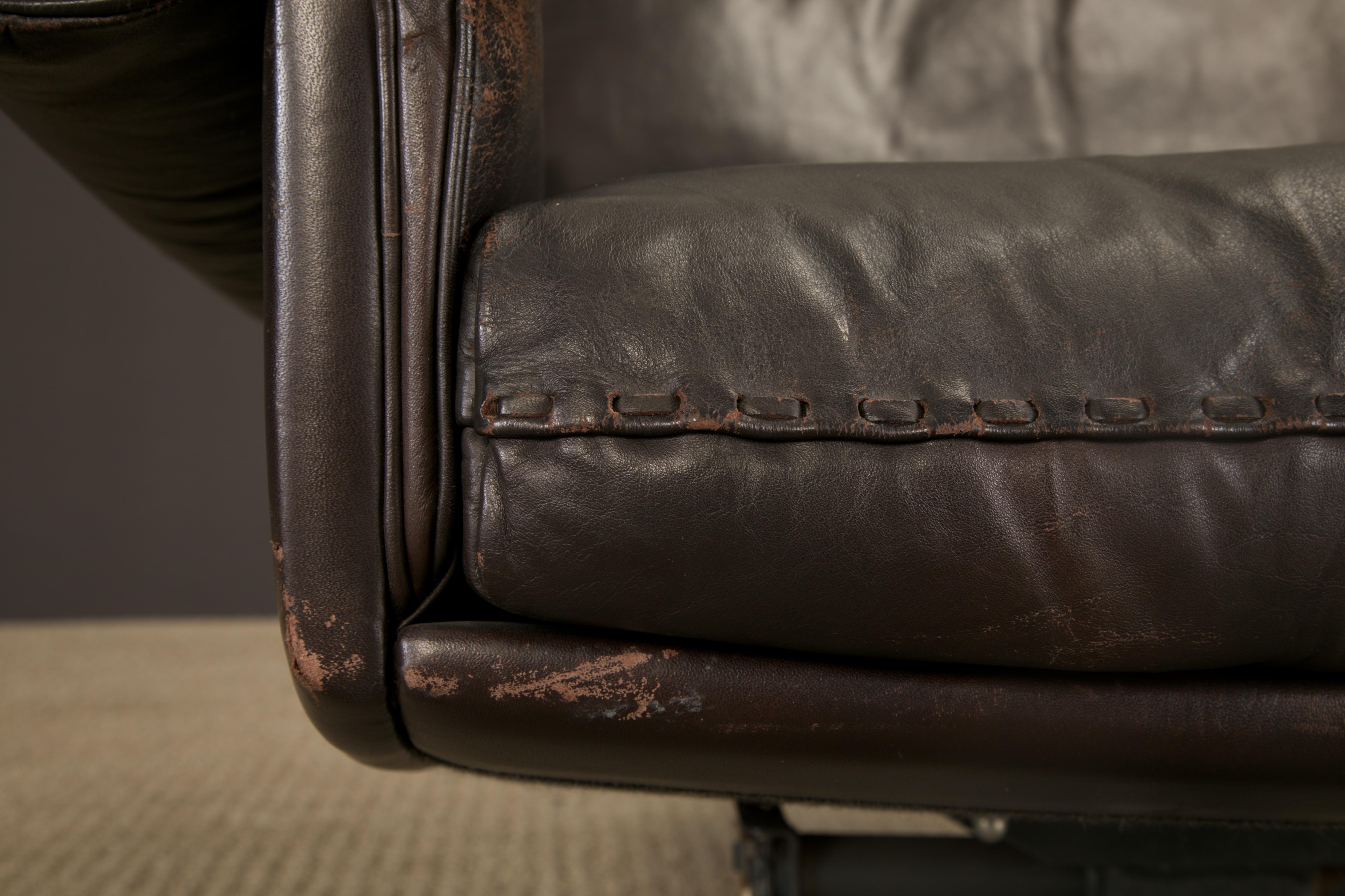 Silla giratoria De Sede DS-31 de cuero marrón oscuro cosido a mano Suiza Años 70 Acero inoxidable en venta