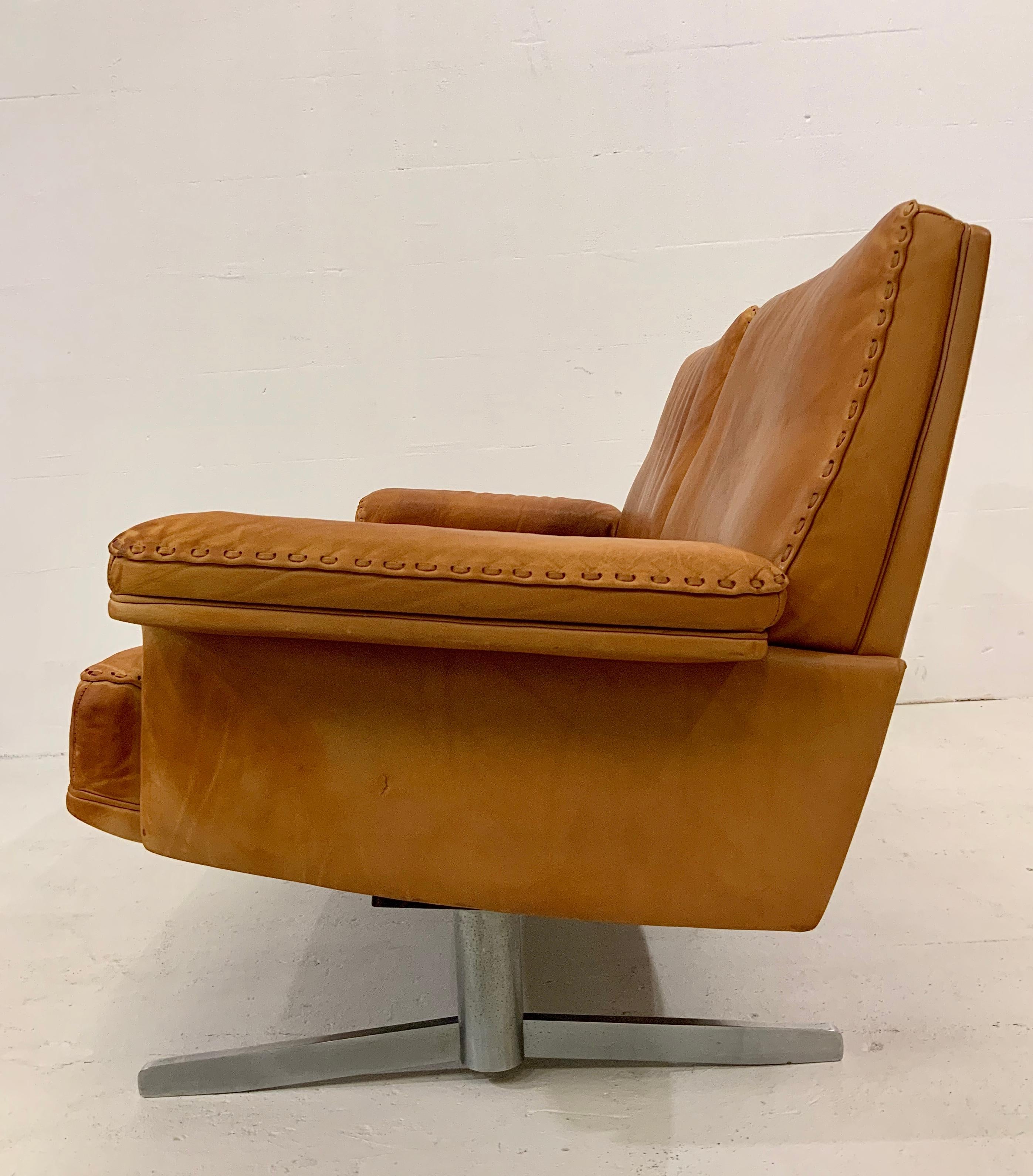 Hand-Crafted De Sede DS-35 Two-Seat Sofa Loveseat in Cognac Brown Leather, Switzerland, 1960s