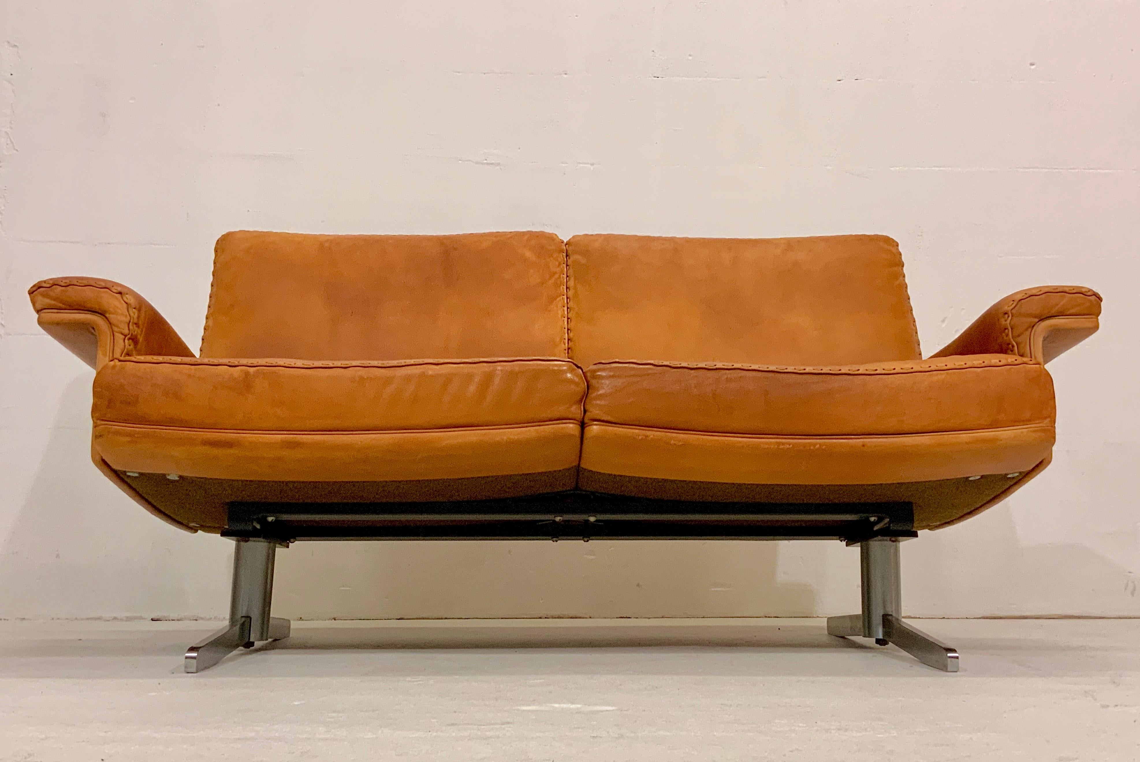 20th Century De Sede DS-35 Two-Seat Sofa Loveseat in Cognac Brown Leather, Switzerland, 1960s